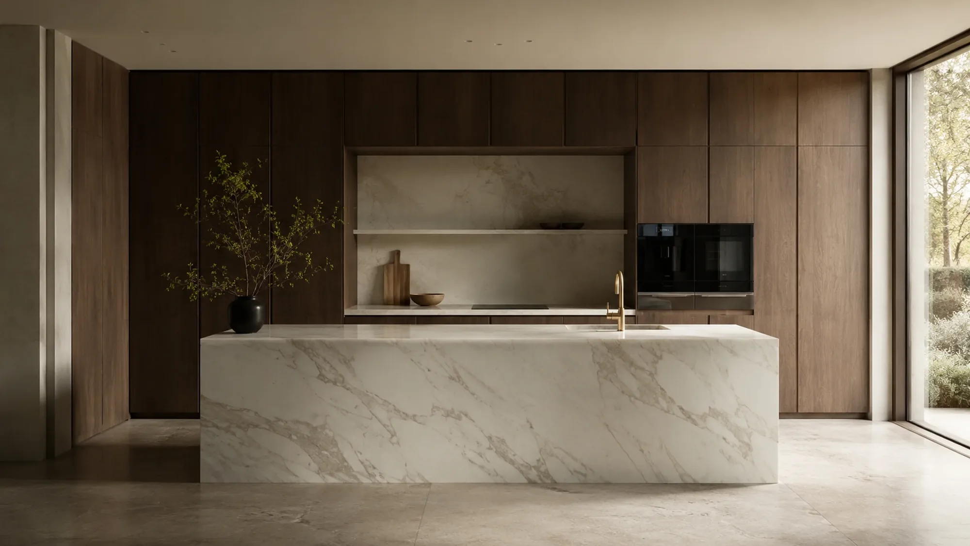 Editorial luxury kitchen with walnut cabinetry and stone island