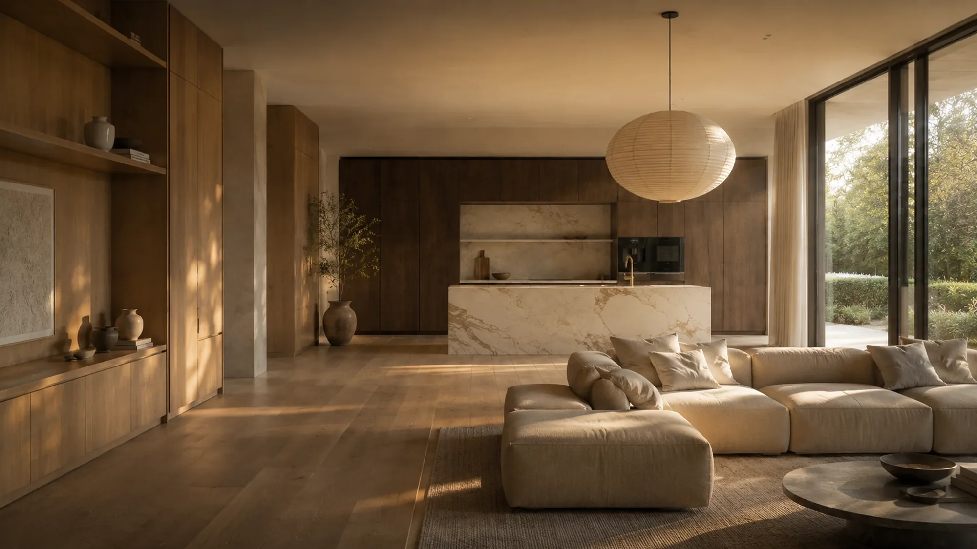 Custom whole-house open-plan living and kitchen interior