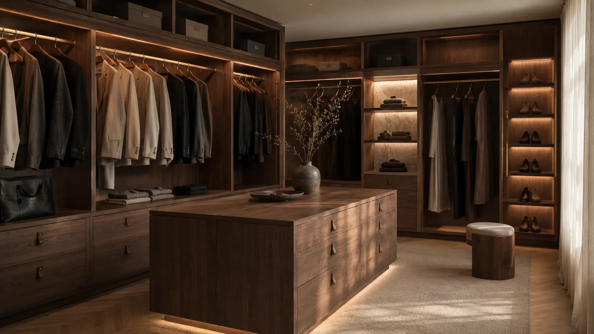 Custom walk-in wardrobe with walnut veneer and brass fittings