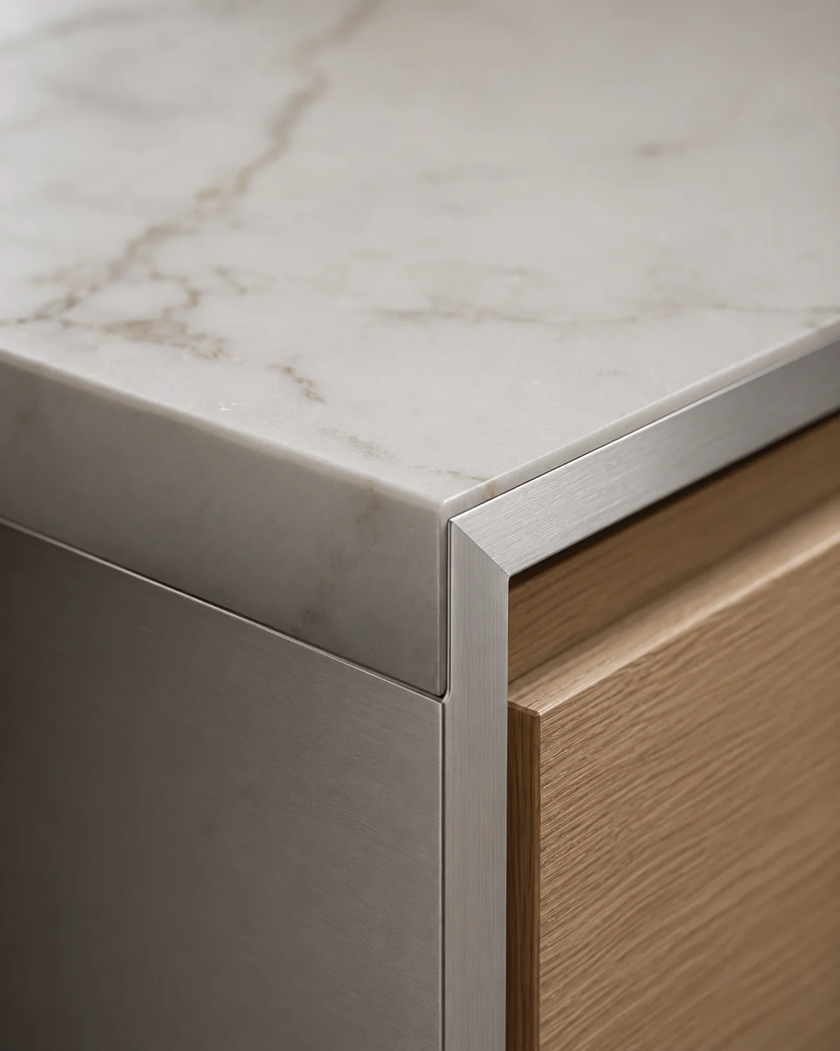 Metal and stone cabinet edge integration detail
