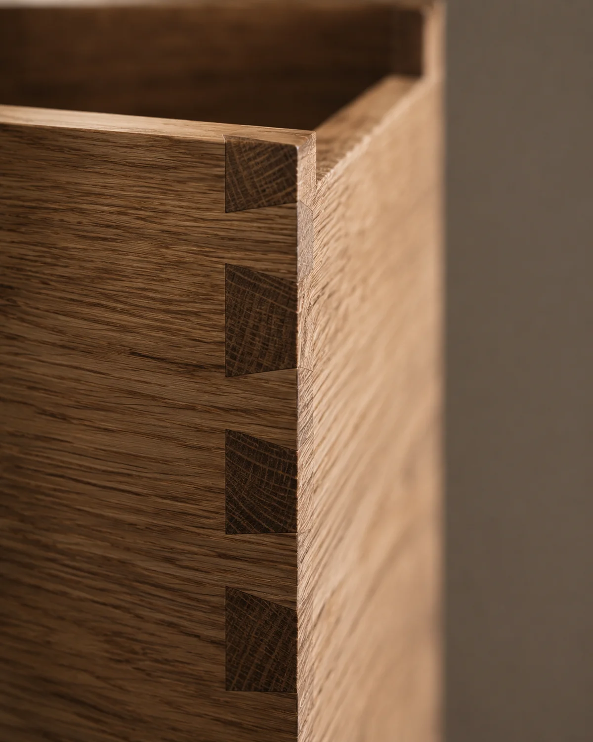 Solid wood dovetail joinery close-up