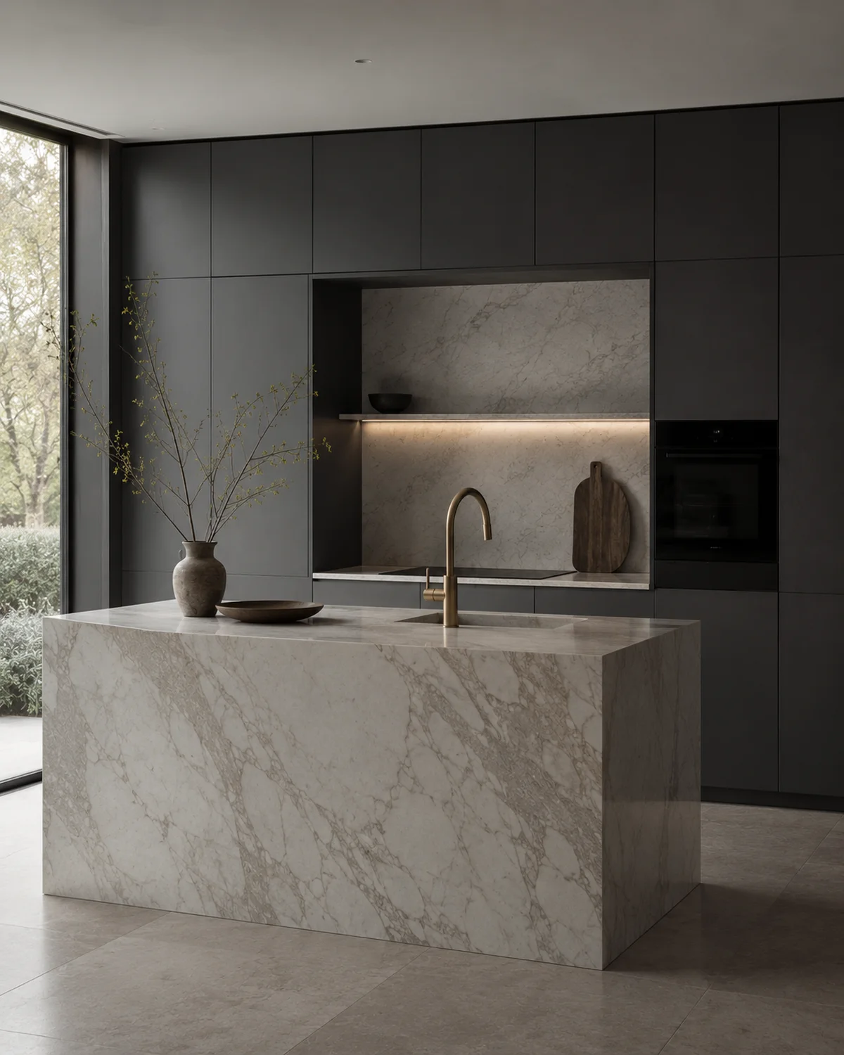 Custom matte-finish kitchen with marble island