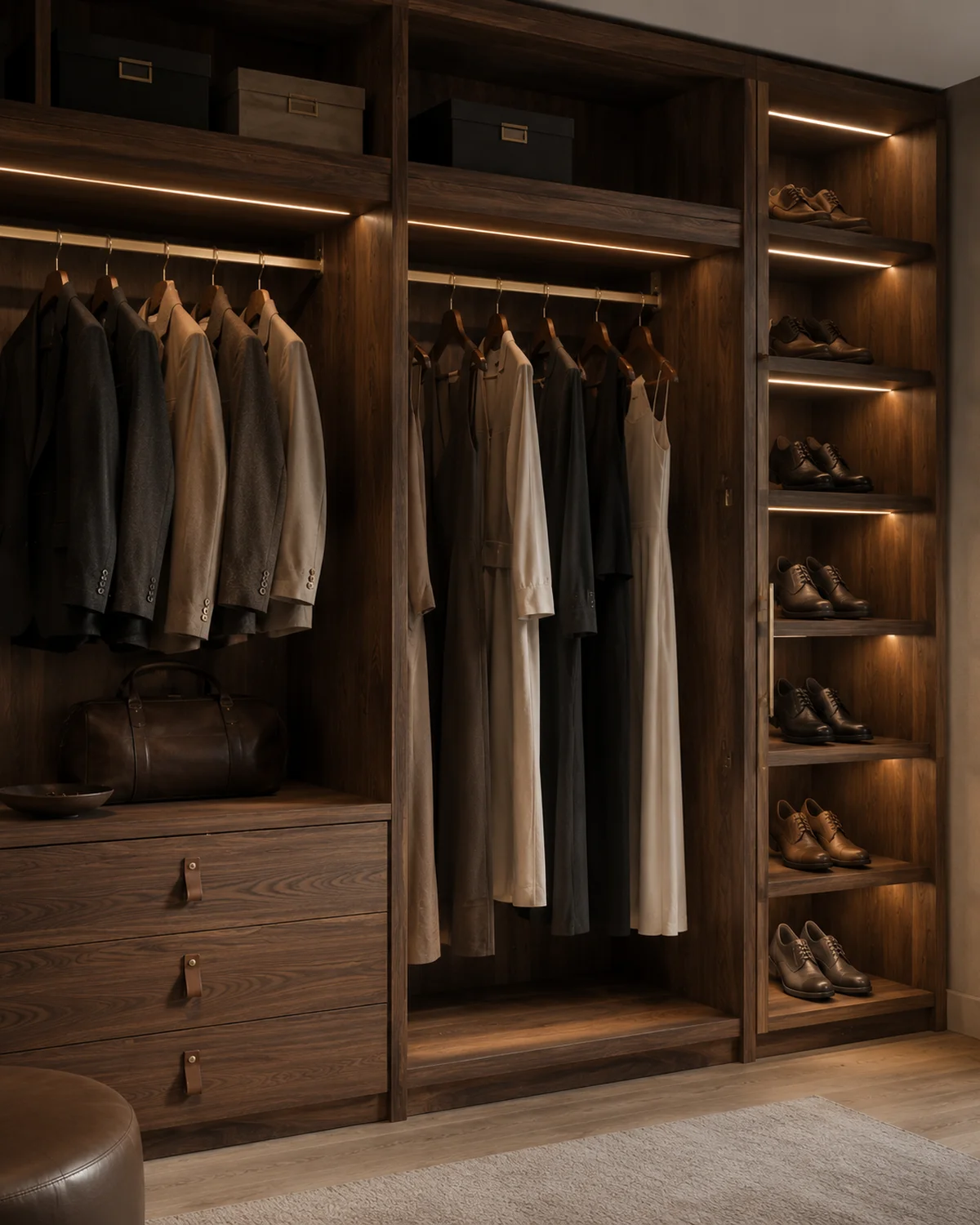 Walk-in wardrobe with internal lighting