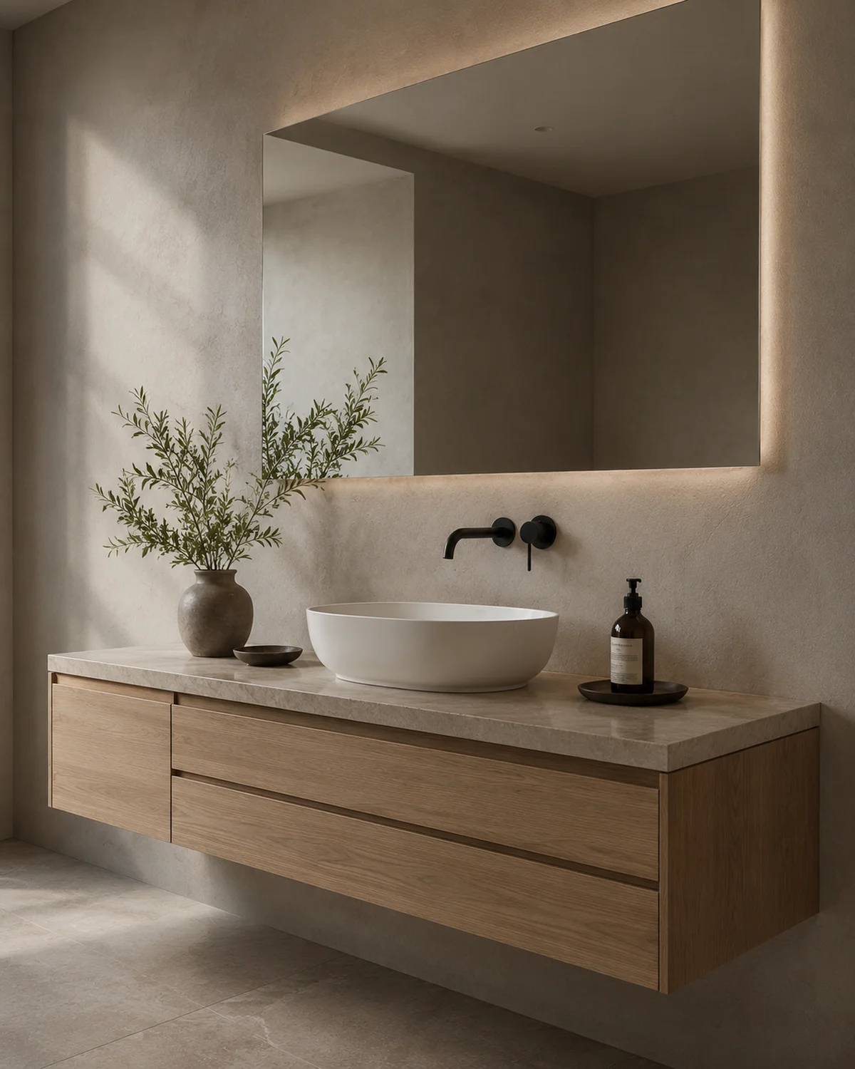 Floating bathroom vanity with stone countertop