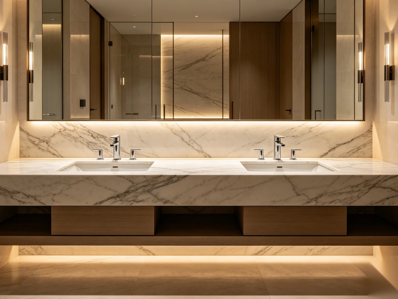Luxury double sink vanity with travertine countertop and full-width backlit mirror in a hotel suite bathroom