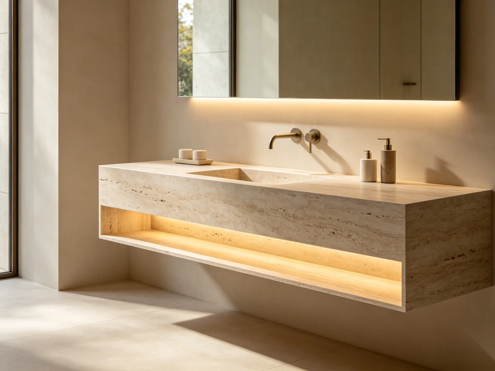 Floating bathroom vanity with wall-mounted cabinetry and under-cabinet LED lighting in a spa bathroom