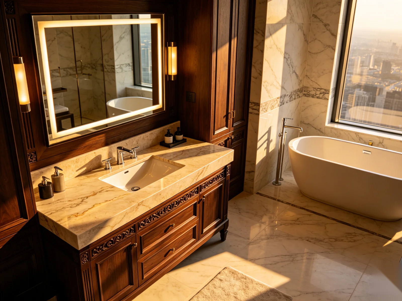 Luxury bathroom vanity with dark walnut cabinetry and stone surfaces in a penthouse master bathroom
