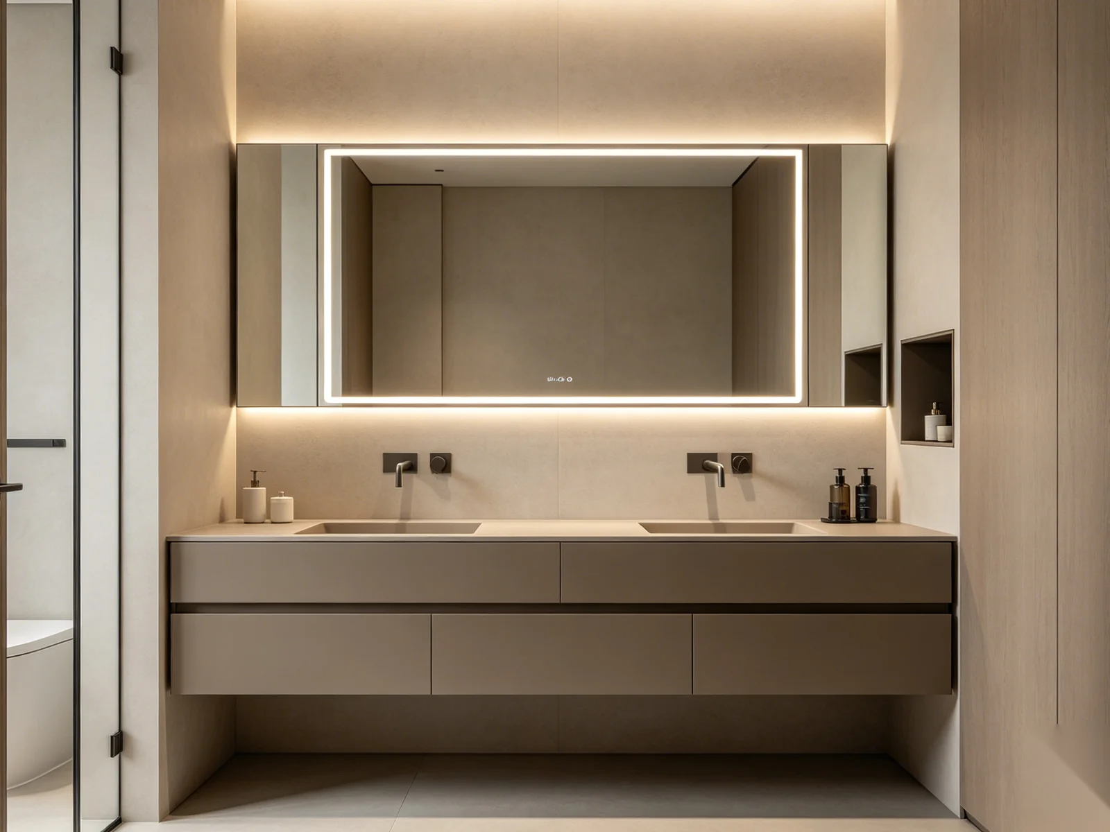 Modern bathroom vanity with taupe cabinetry and integrated lighting in a contemporary European bathroom