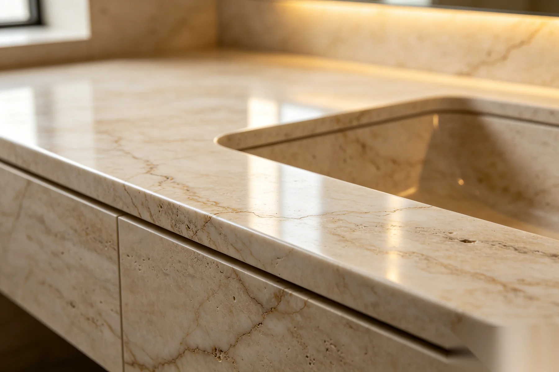 Luxury spa bathroom with floating vanity, travertine surfaces, and backlit mirror with soft indirect lighting