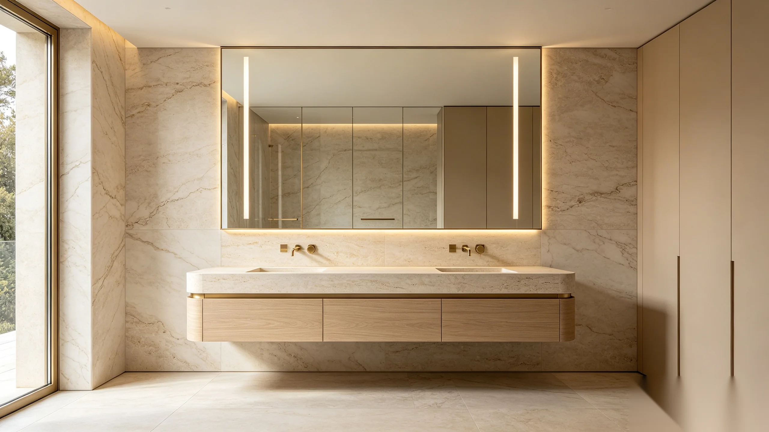 Ultra-premium floating bathroom vanity with travertine countertop, integrated double sink, and backlit mirror in a luxury spa bathroom