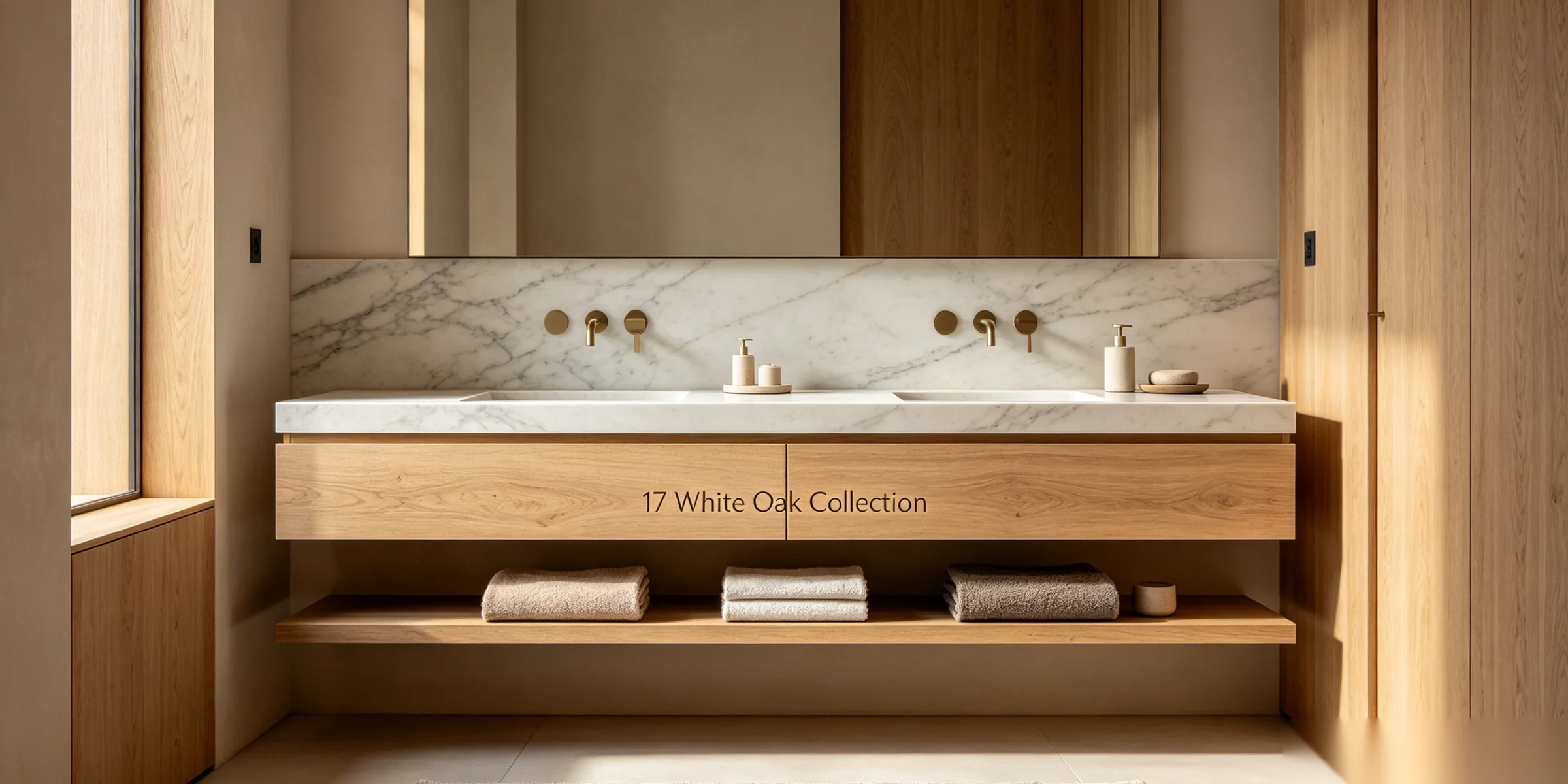 Luxury bathroom vanity material library showing travertine, quartz, white oak veneer, walnut, PET finishes, and champagne bronze samples