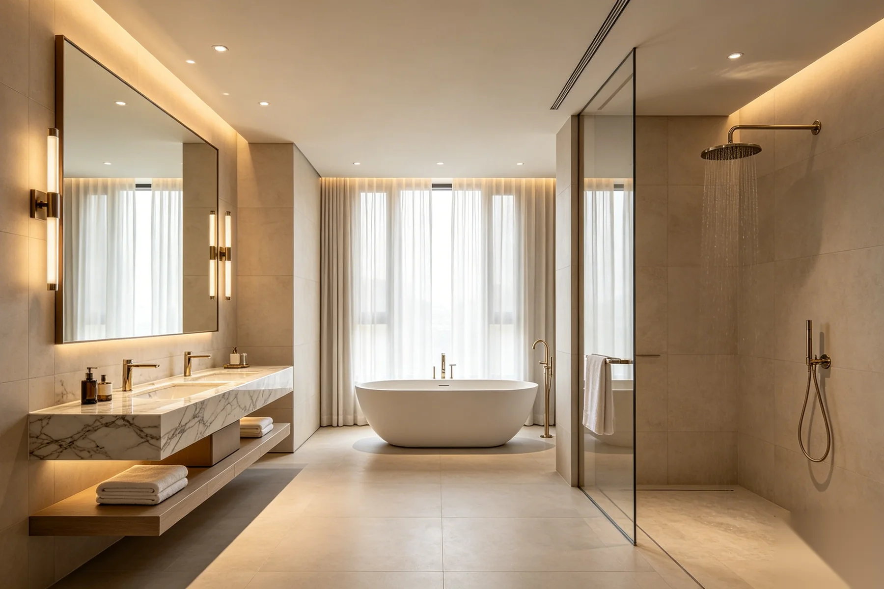 Luxury bathroom vanity detail with travertine countertop, integrated sink, and oak cabinetry