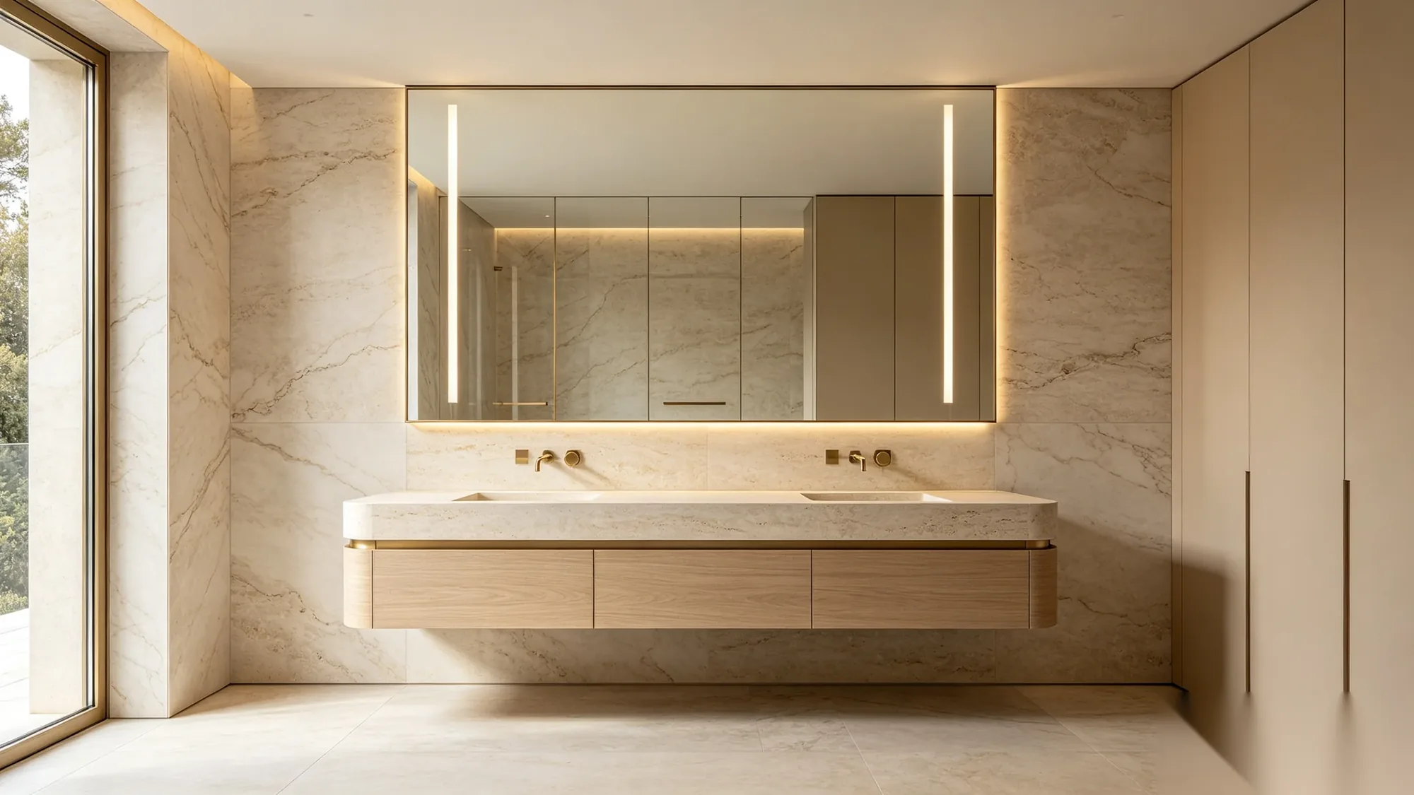 Ultra-premium floating bathroom vanity with travertine countertop, integrated double sink, and backlit mirror in a luxury spa bathroom