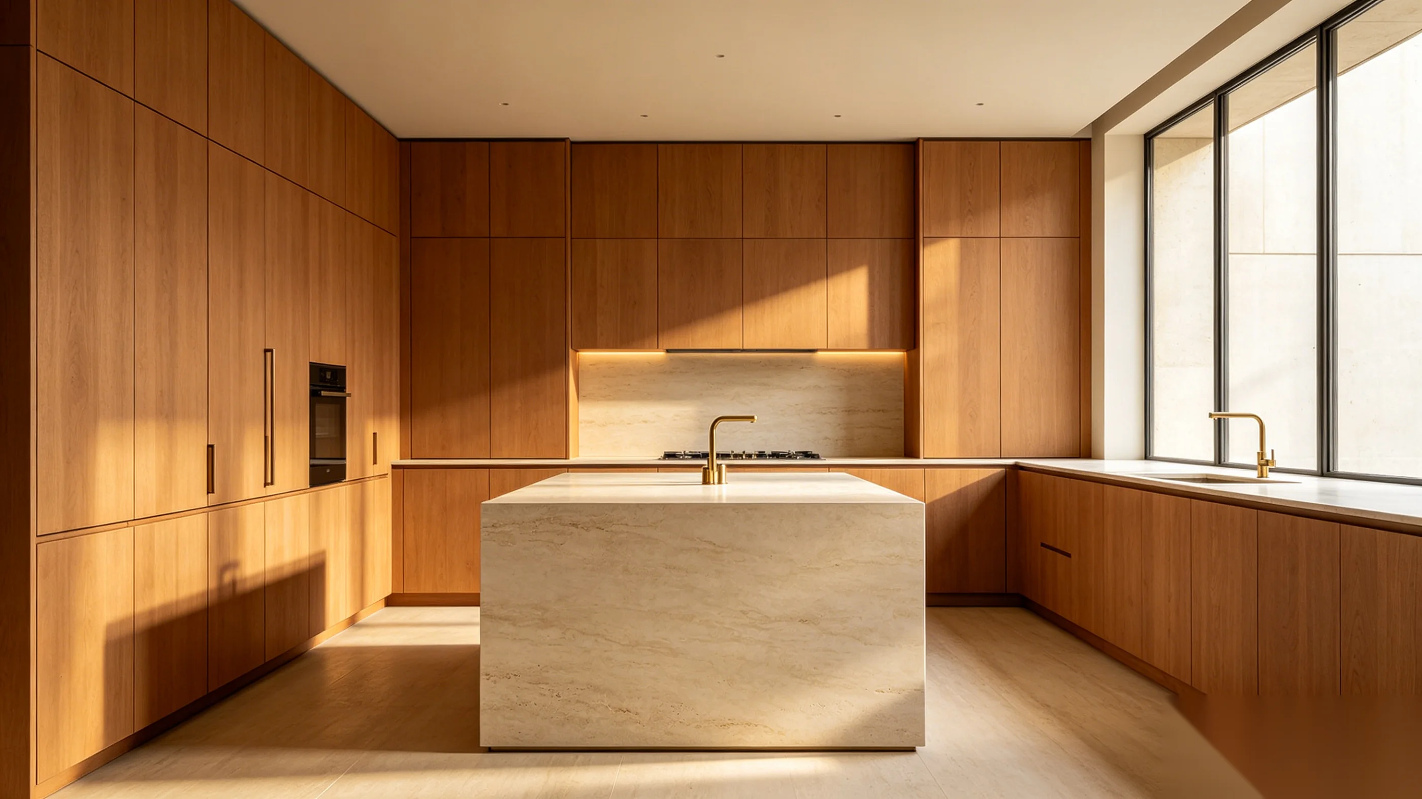 Luxury modern kitchen interior, wide cinematic composition with warm oak cabinetry