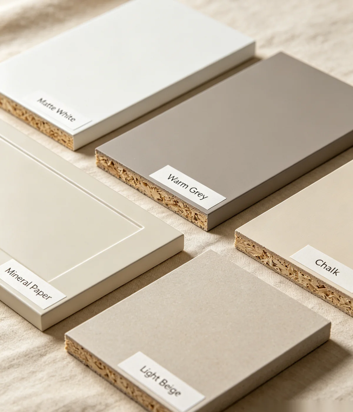 Painted MDF cabinet material samples flat lay