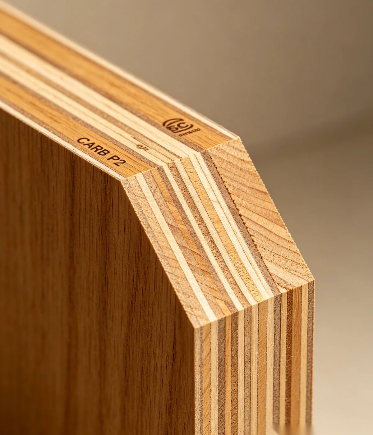 Plywood board cross-section with CARB P2 certification