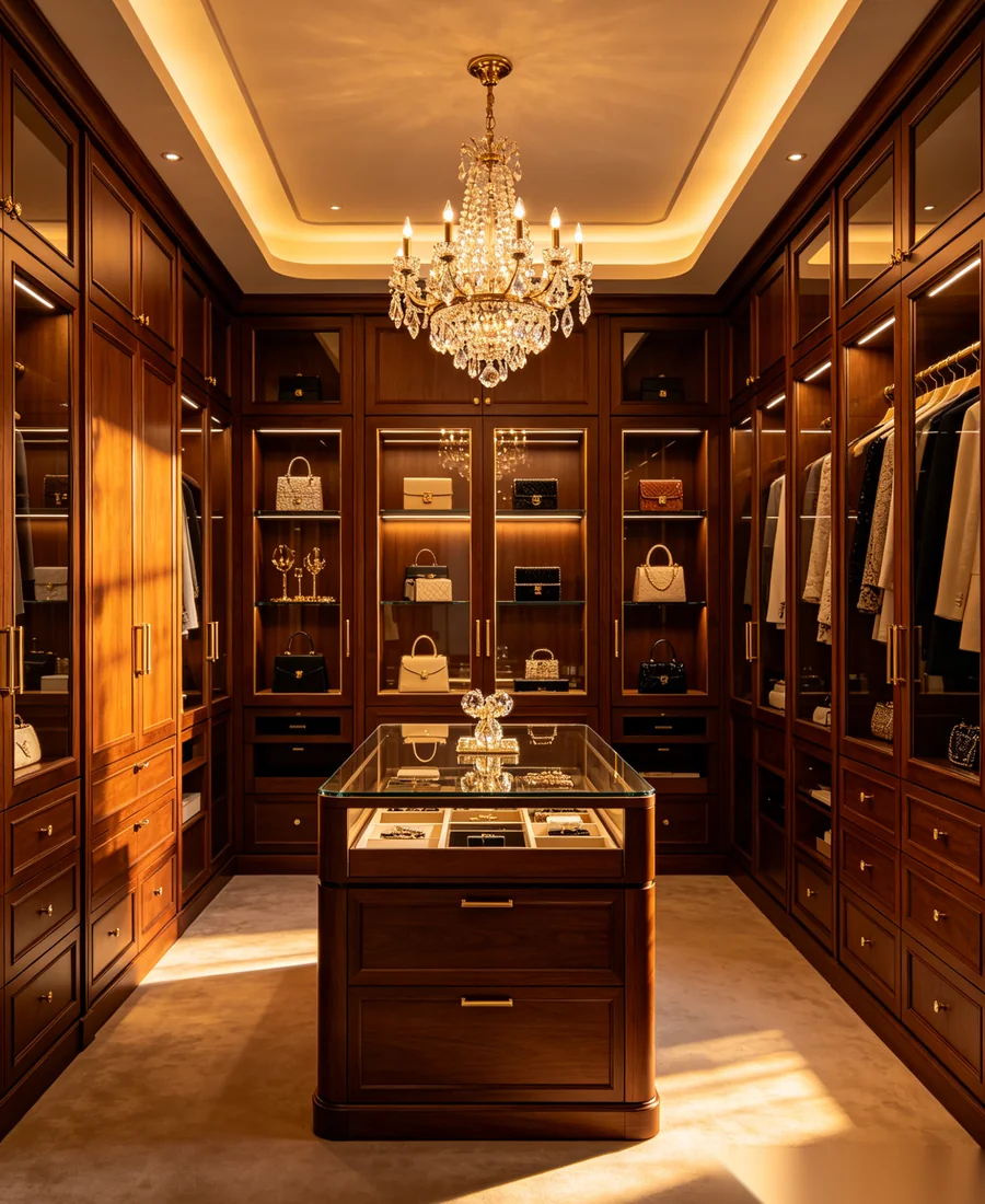 Elegant walk-in closet with island storage and editorial lighting