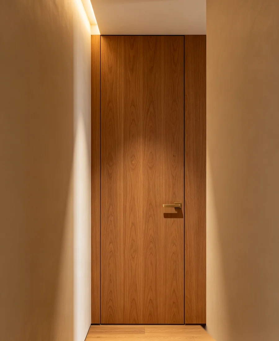 Minimalist flush interior door with wood veneer finish