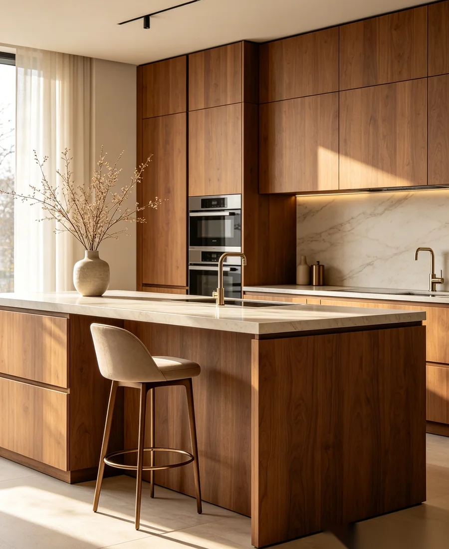 Luxury modern kitchen with integrated appliances and warm wood cabinetry