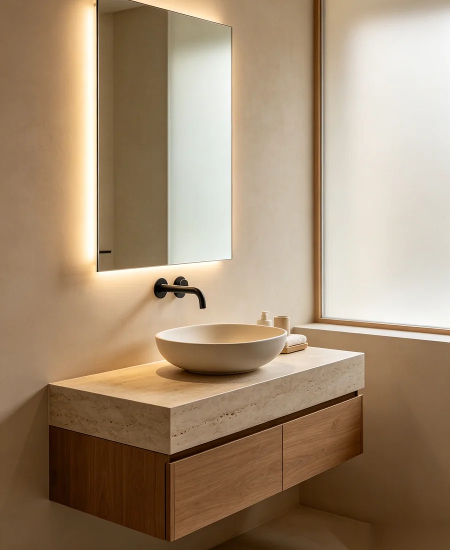 Modern floating bathroom vanity with stone top