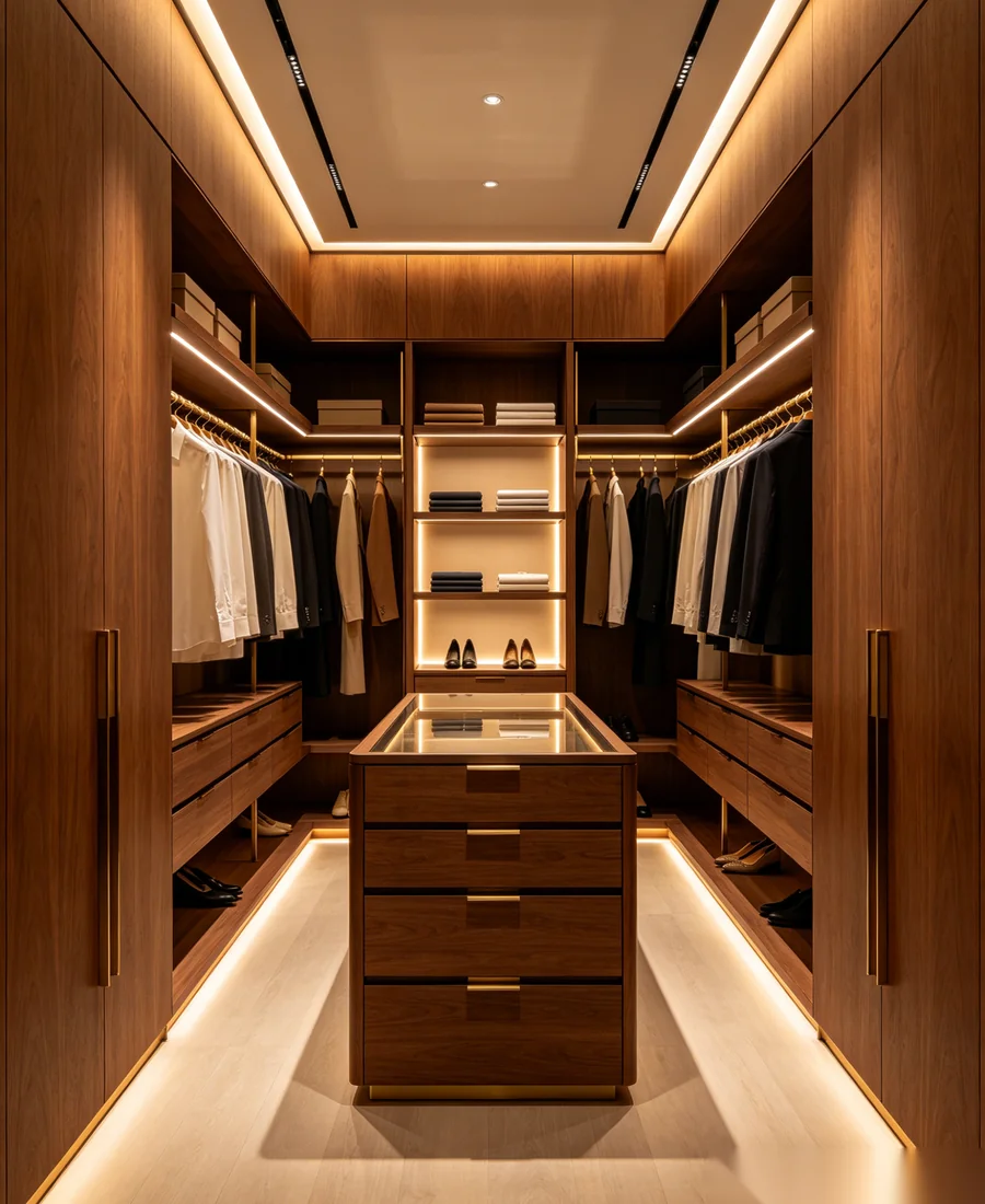 Premium walk-in wardrobe with brass rails and ambient LED lighting
