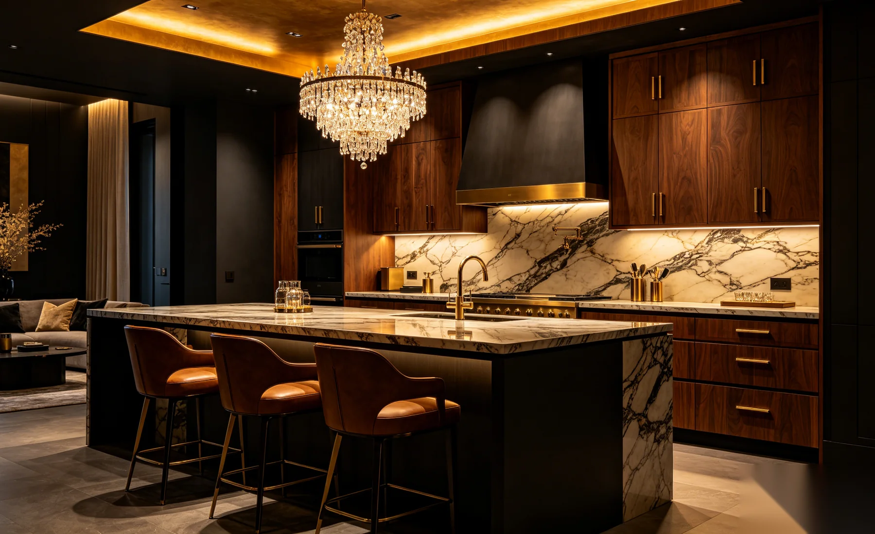 Opulent luxury kitchen with dark walnut and brass accents