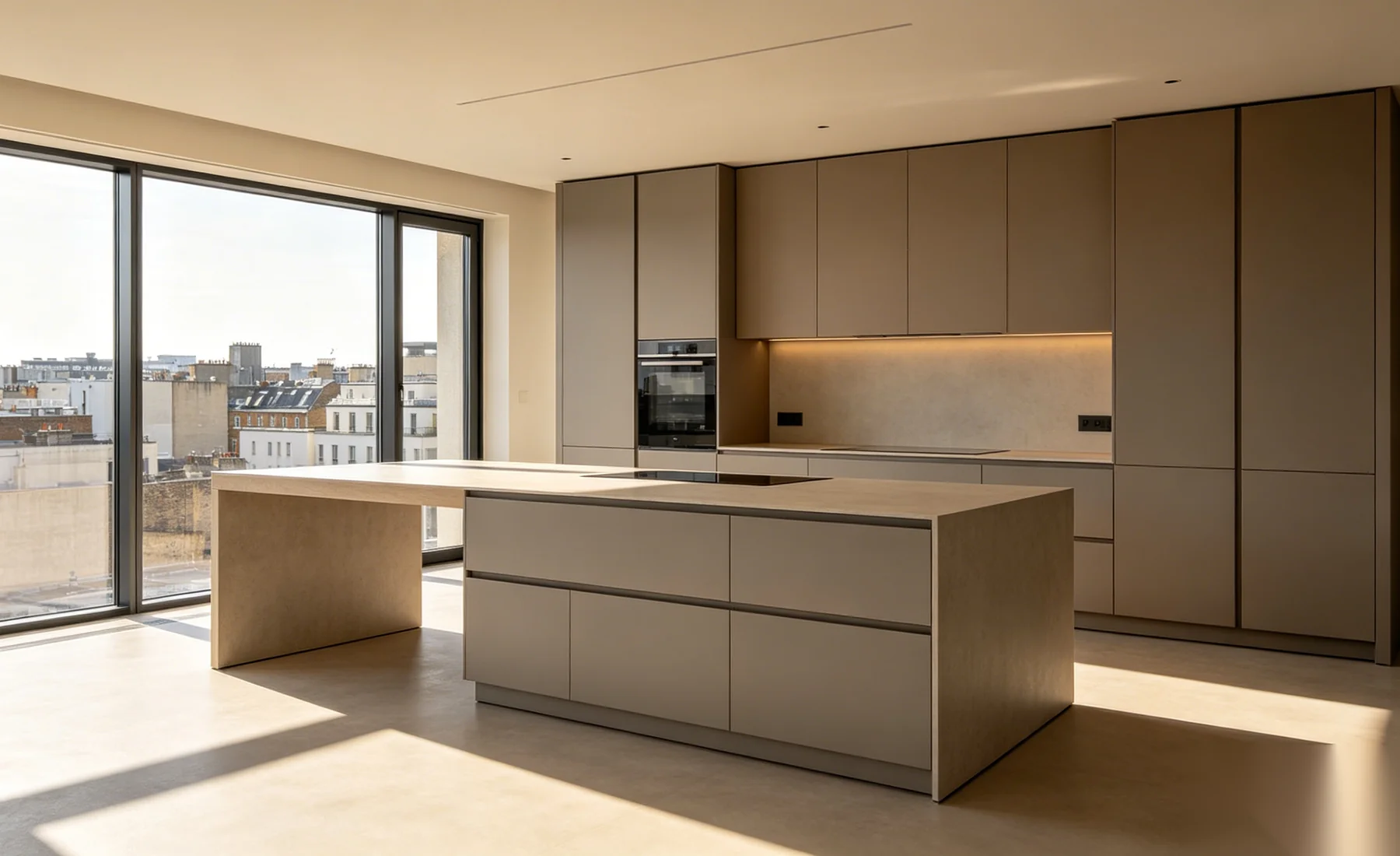 Modern minimalist kitchen with clean lines and handle-less cabinetry