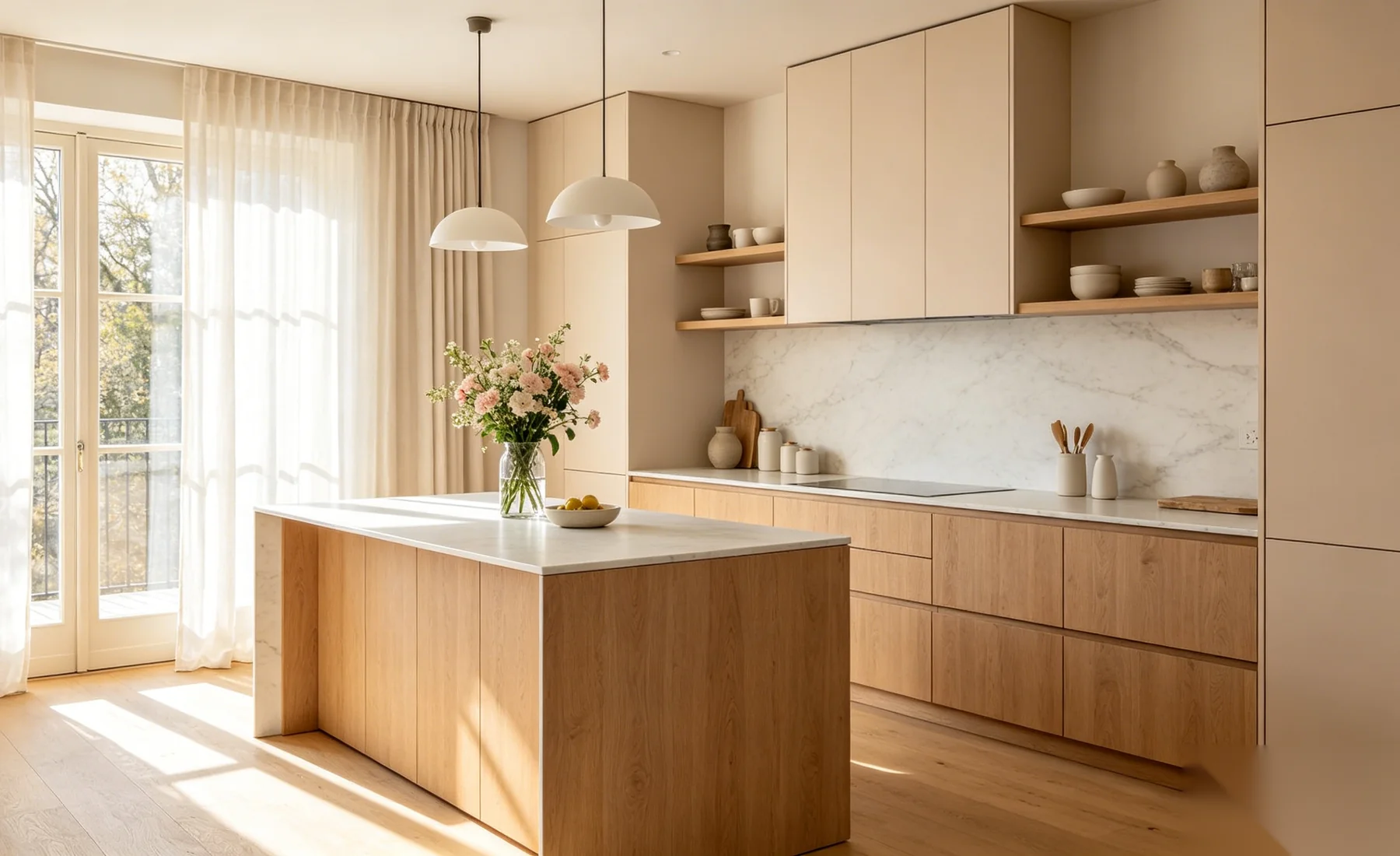 Light and airy Scandinavian kitchen with light oak cabinetry