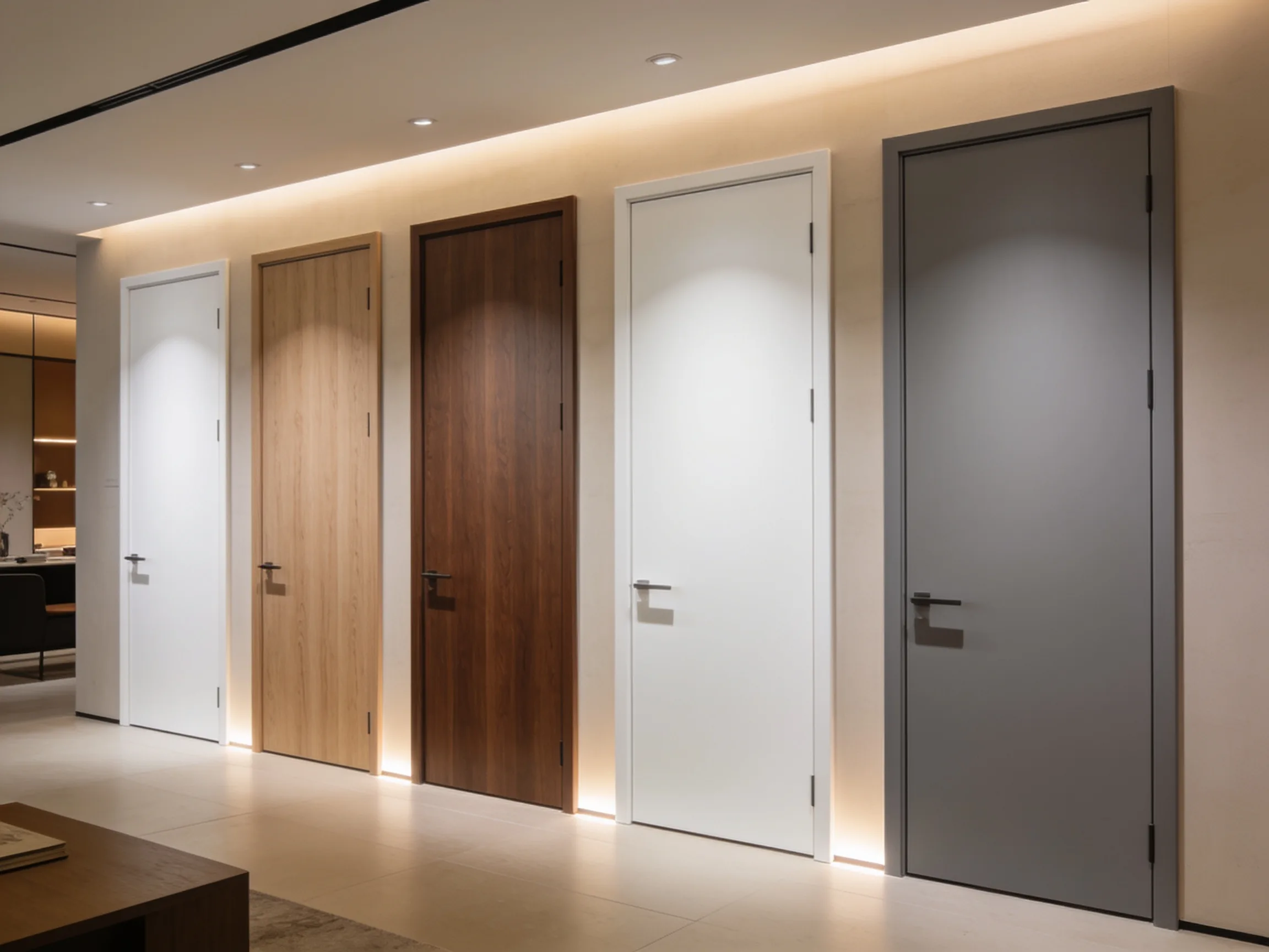Flush door finish library showing white oak veneer, walnut veneer, matte white PET, and graphite panel samples arranged side by side