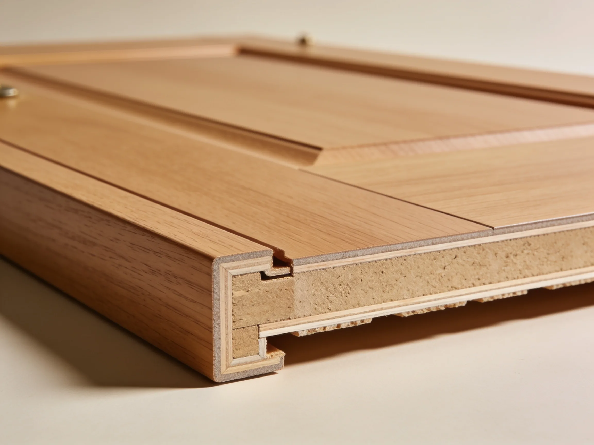 Cross-section detail of a flush door edge showing engineered composite core, oak veneer face, and precision edge banding