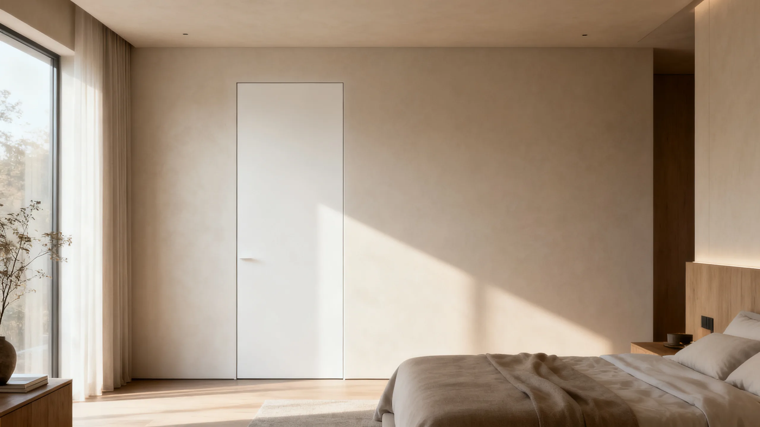 Full-height flush interior door in white oak veneer aligned seamlessly with matching wall panelling in a contemporary residence corridor