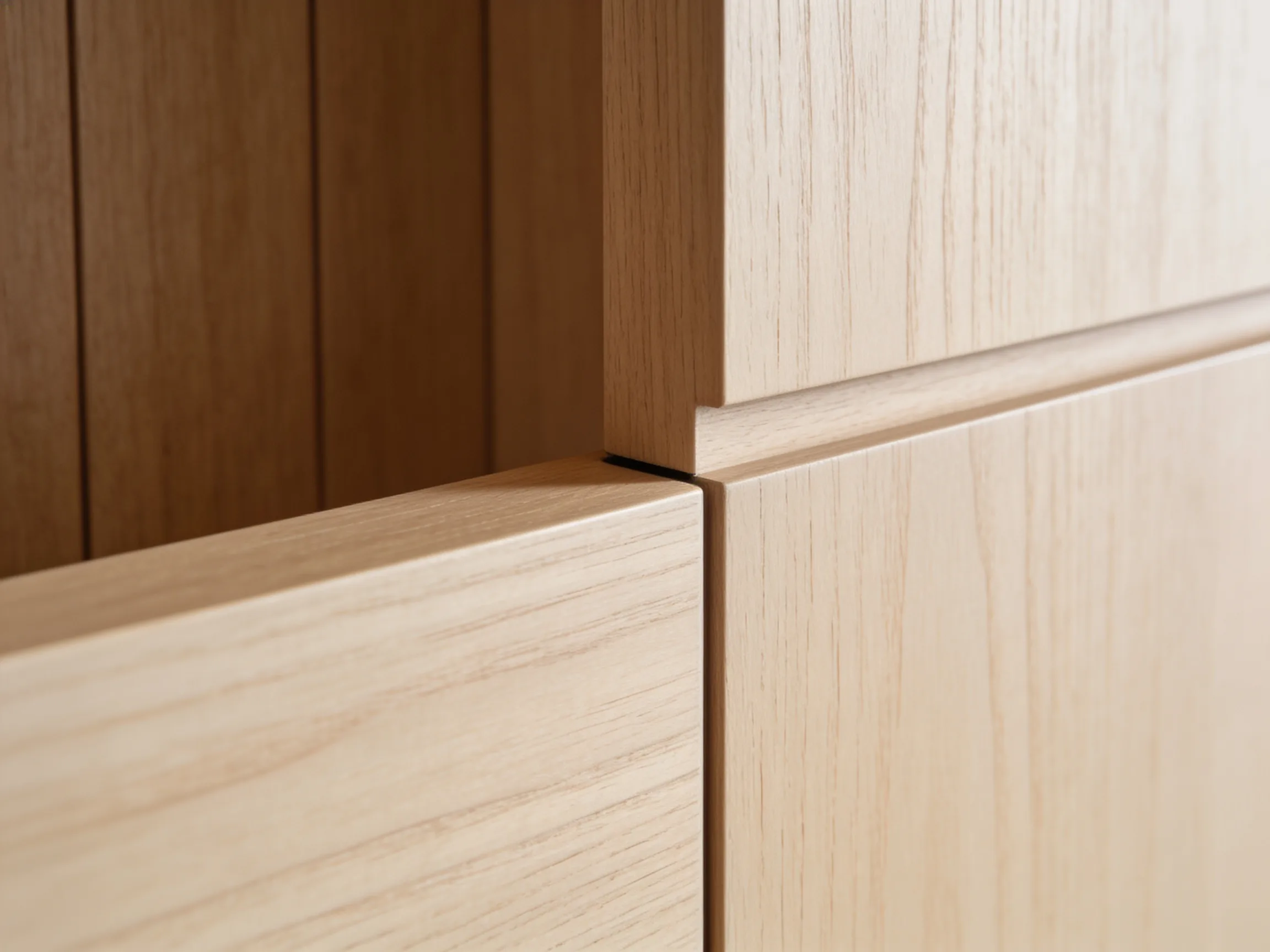 Walnut veneer flush door closed flush within a panelled wall, showing continuous grain alignment between door leaf and surrounding panels