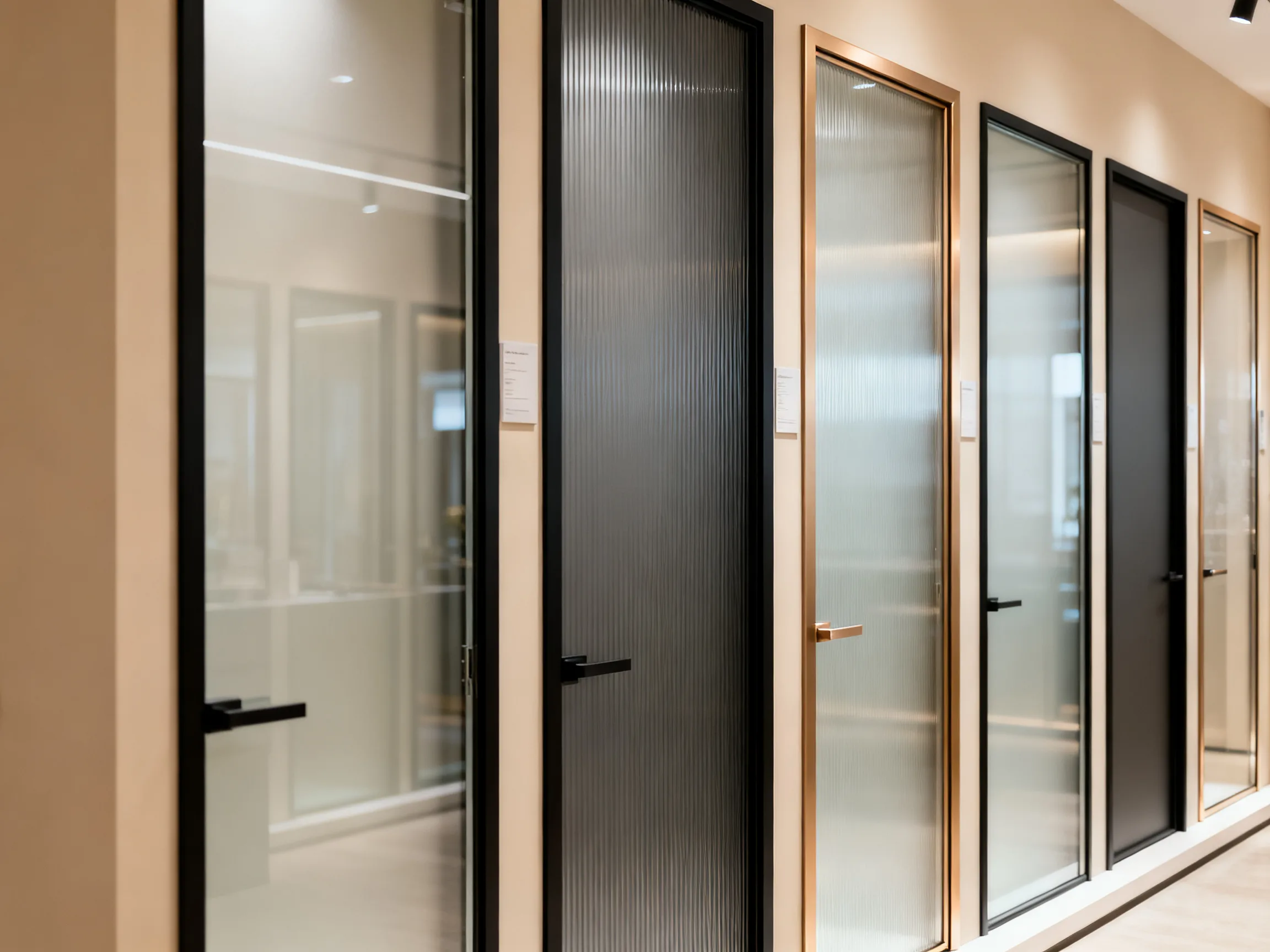 Glass and frame finish library showing clear, smoked, reeded, and frosted glazing with black, champagne, and wood-grain aluminum profiles