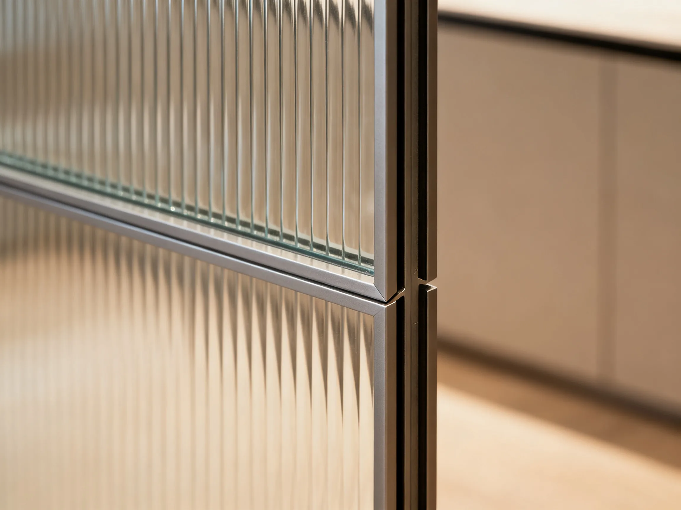 Close-up of slim black aluminum door frame profile holding tempered reeded glass with factory-fitted gasket
