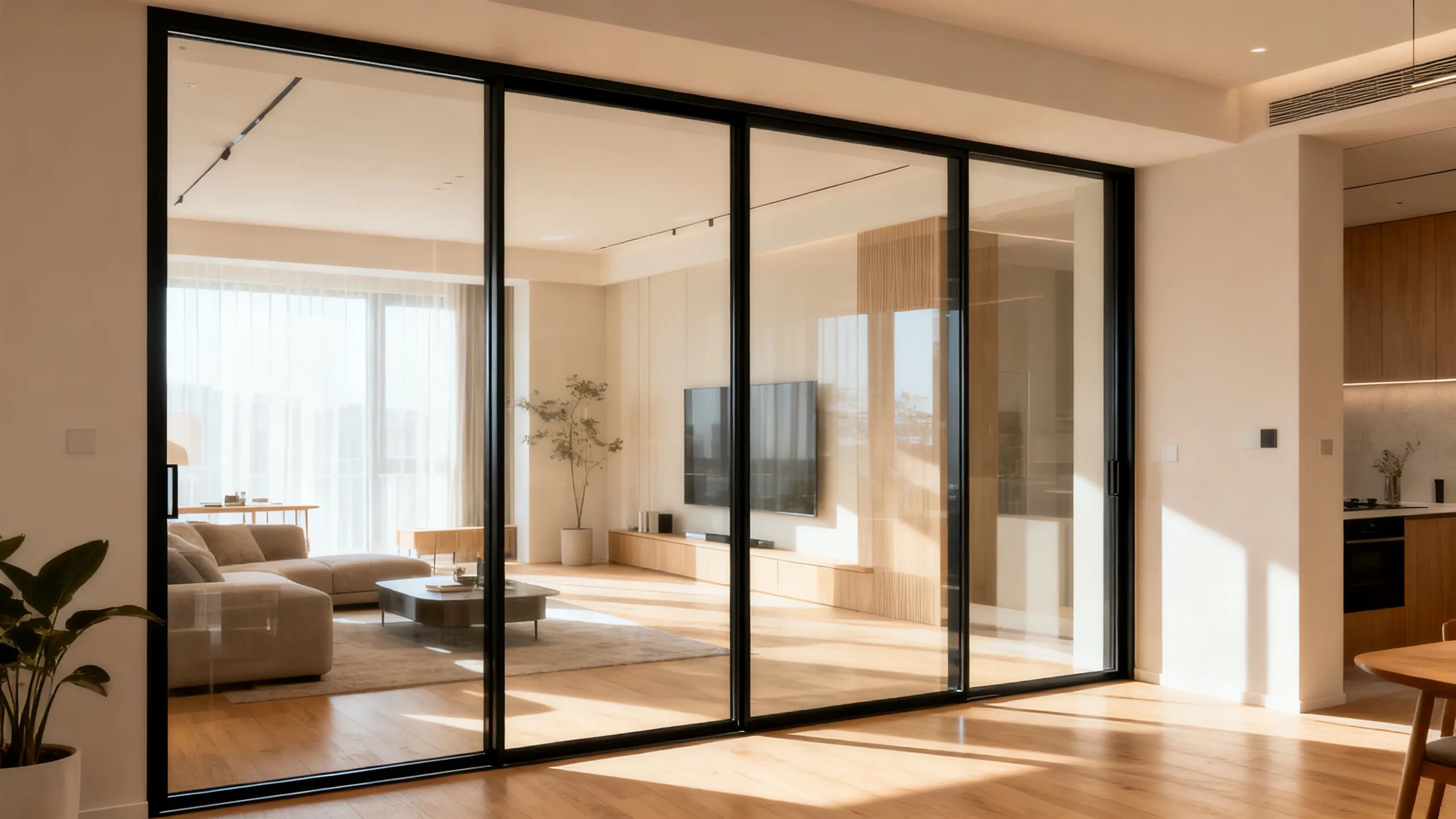 Slim black-frame glass interior doors with full-height clear glazing dividing a daylit living space from a study