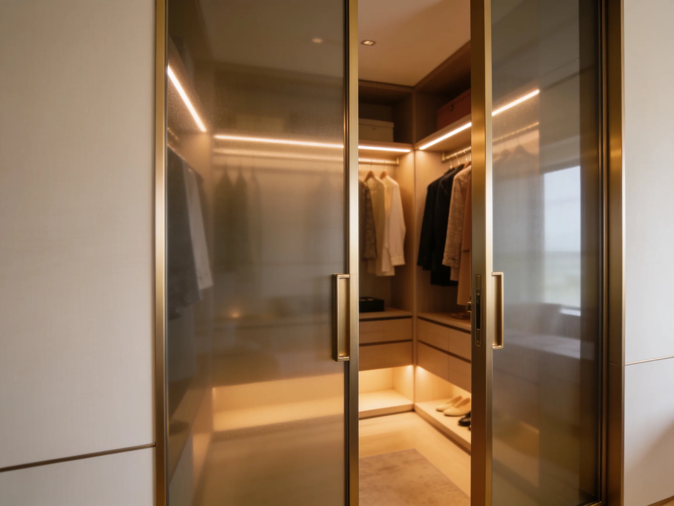 Daylight passing through a reeded glass interior door into a corridor, with slim champagne aluminum framing