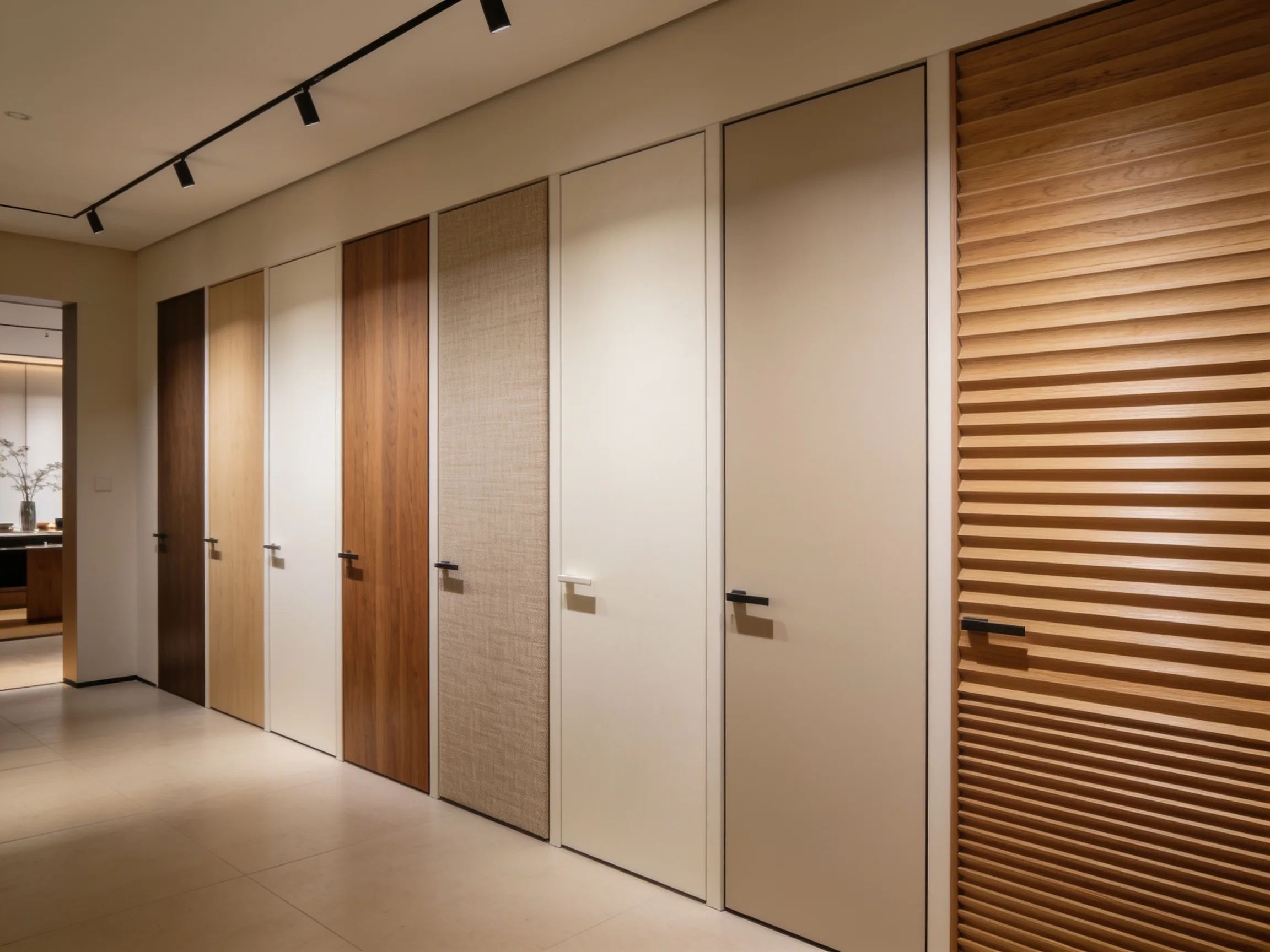 Hidden door finish library showing paintable substrate, natural oak veneer, walnut veneer, and fabric-texture panels