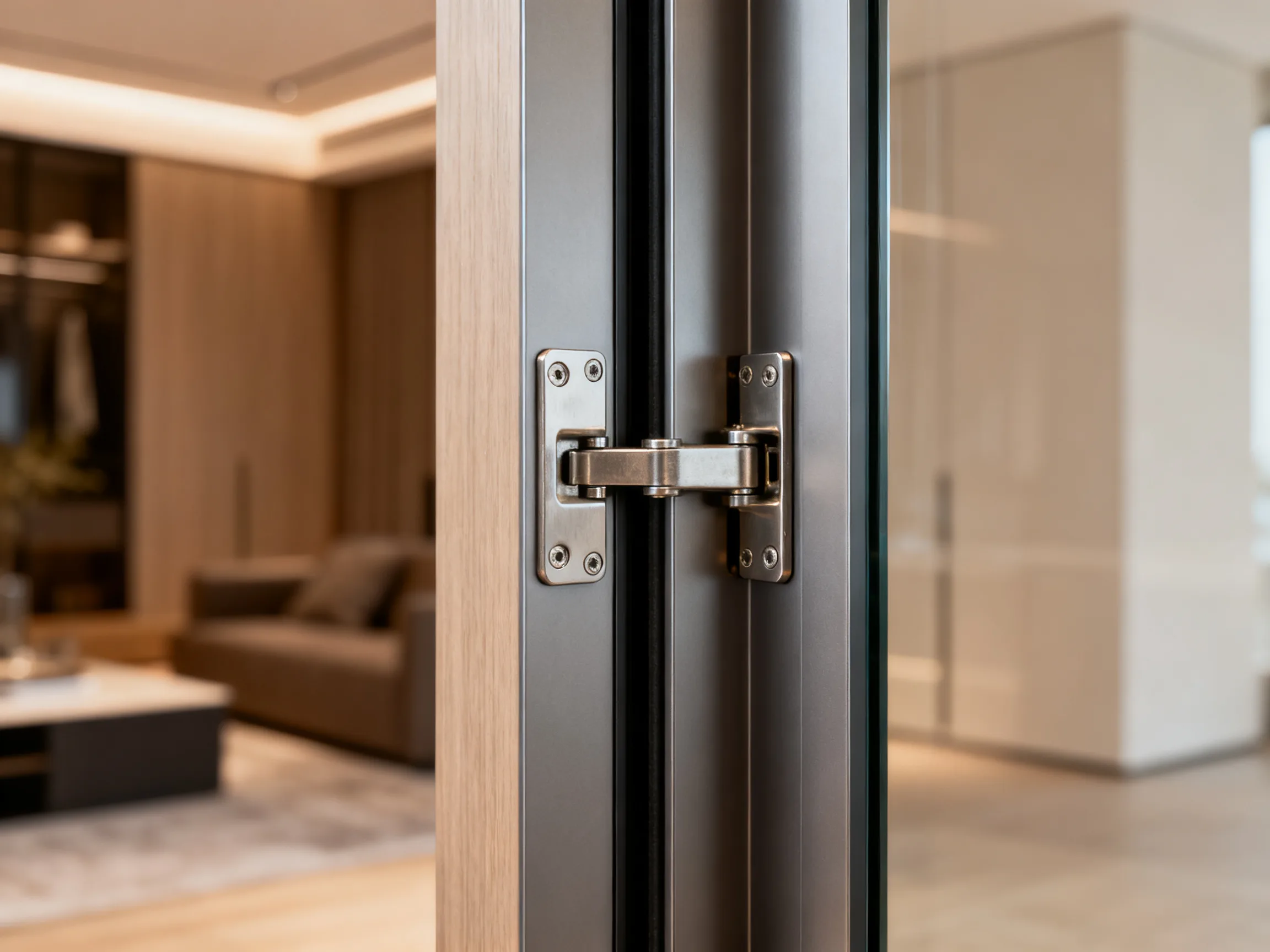 Close-up of hidden door edge showing frameless aluminum jamb and concealed adjustable hinge sitting flush with the wall surface