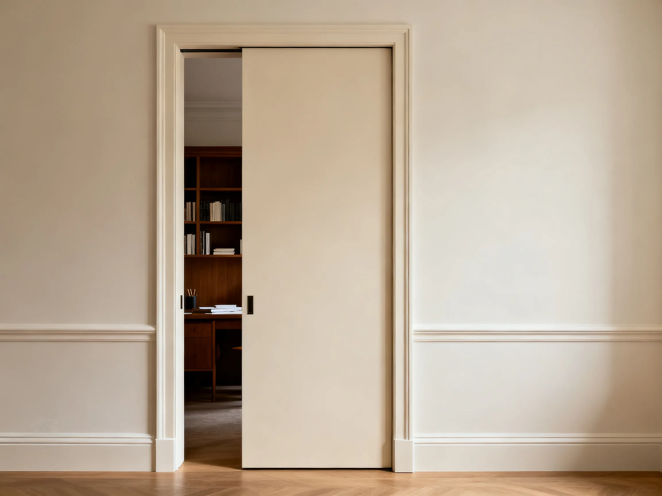 Hidden door blending into continuous wood wall panelling in a minimalist bedroom suite