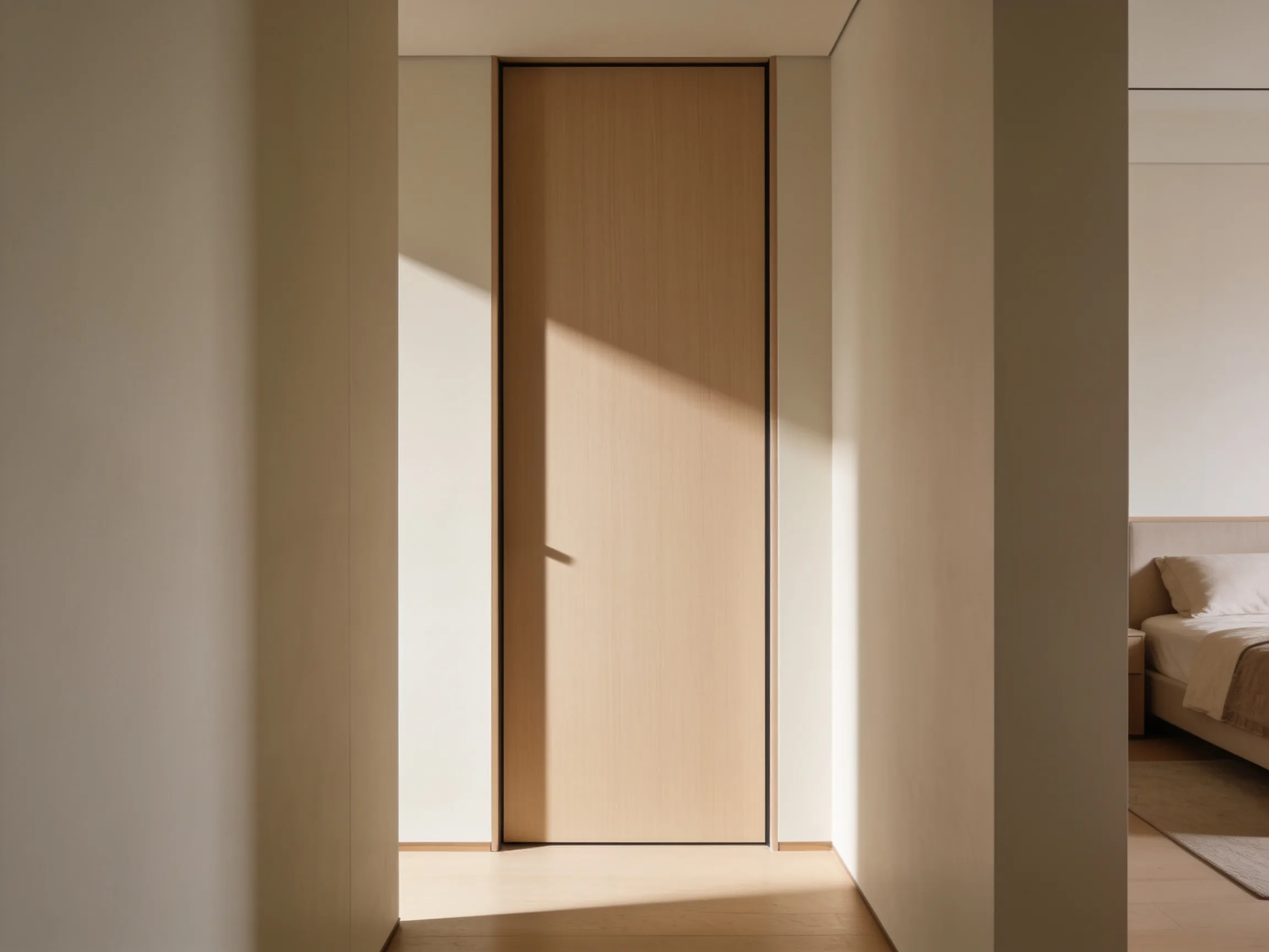 Flush interior door with seamless walnut veneer face sitting level with the surrounding wall