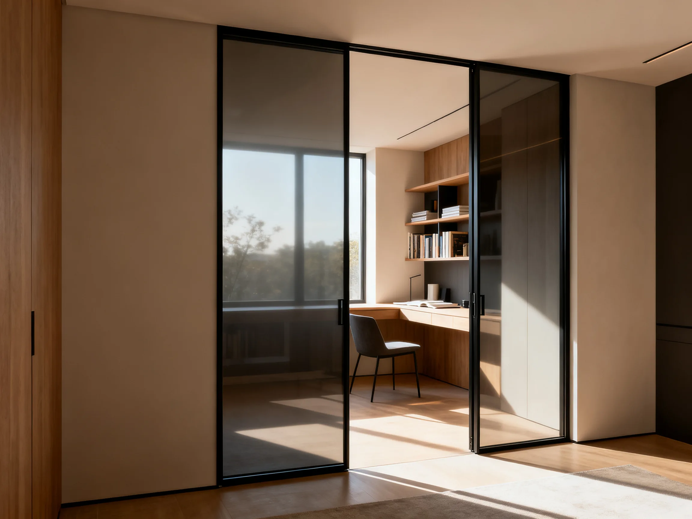 Slim-framed glass interior door dividing living spaces while letting daylight pass through