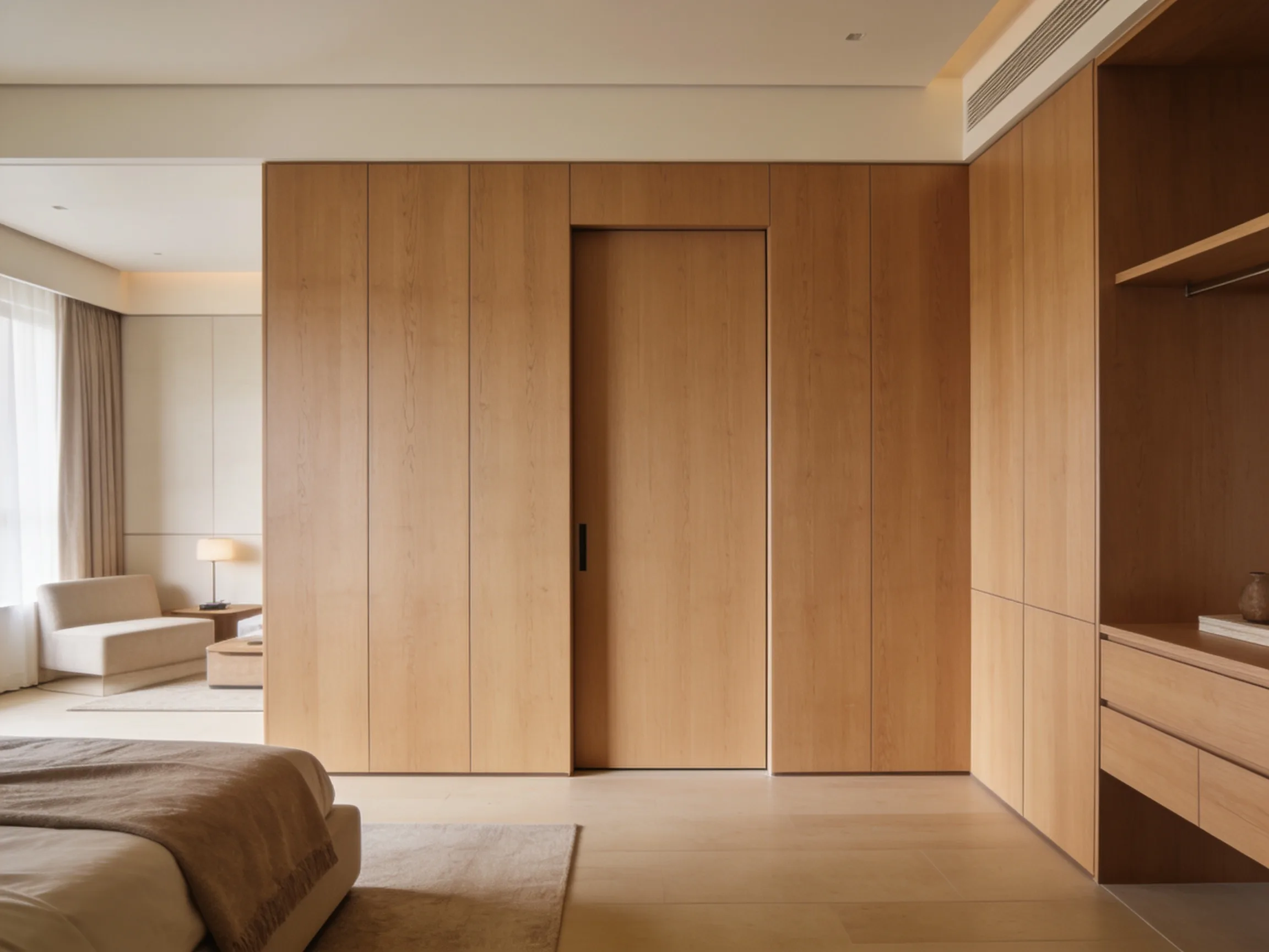 Hidden interior door finished to merge invisibly into a paneled wall