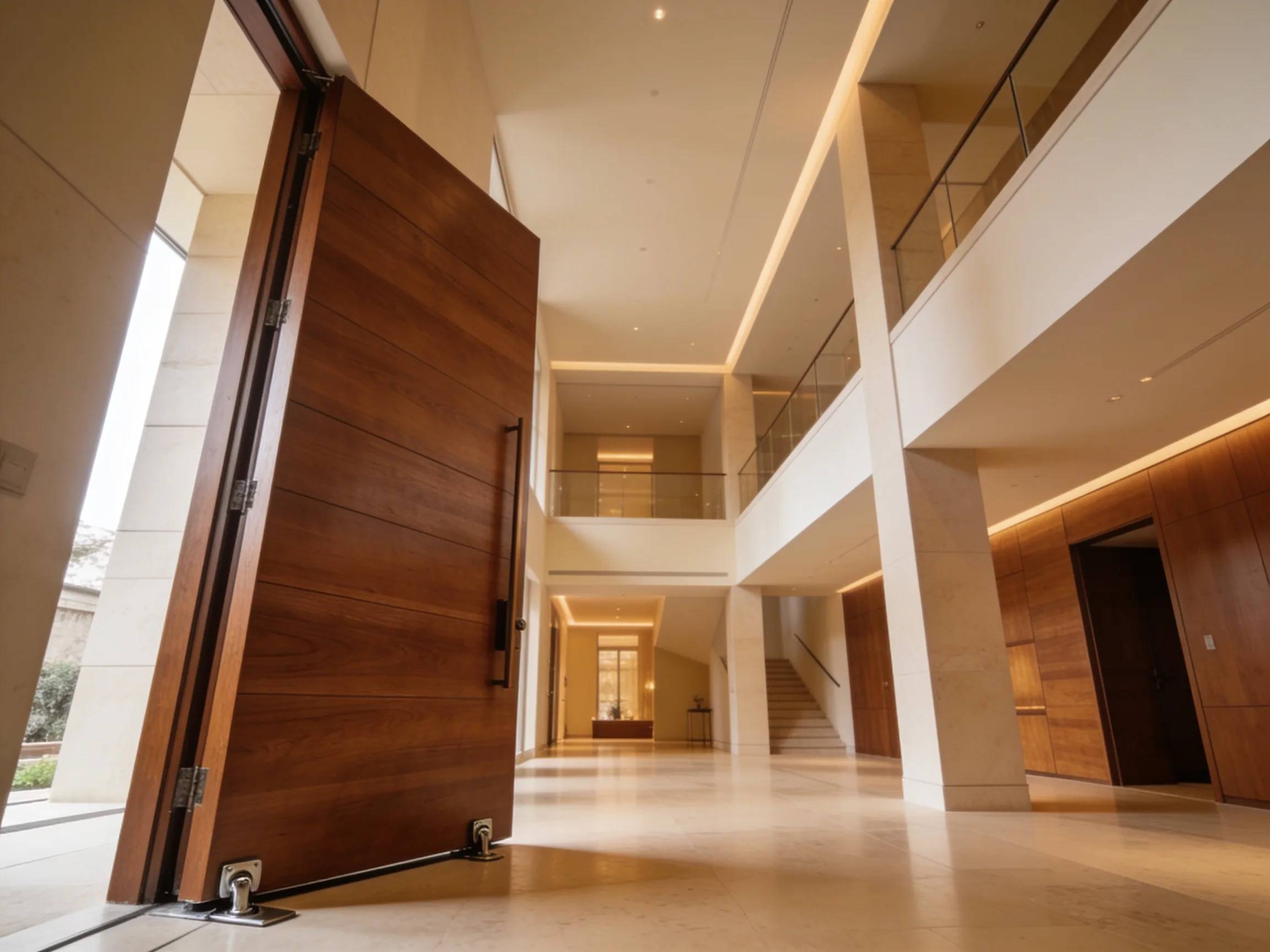 Oversized pivot door in dark veneer rotating on a concealed floor pivot in a modern residence