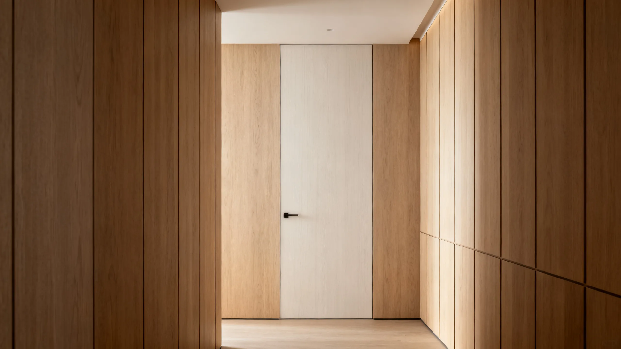 Full-height custom interior door in walnut veneer aligned flush with matching wall paneling in a luxury residence