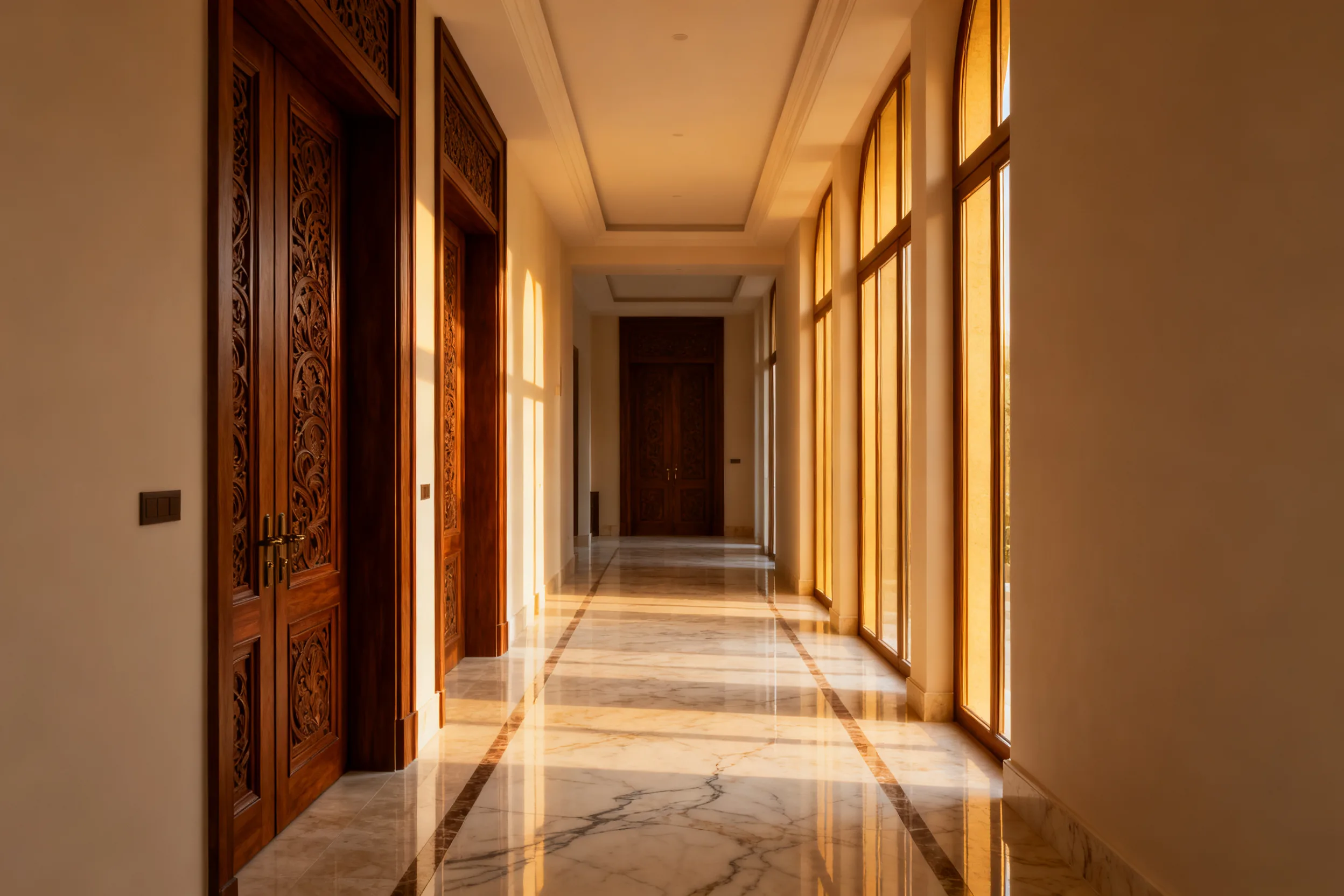 Dubai residential tower corridor with full-height flush doors matched to wall paneling