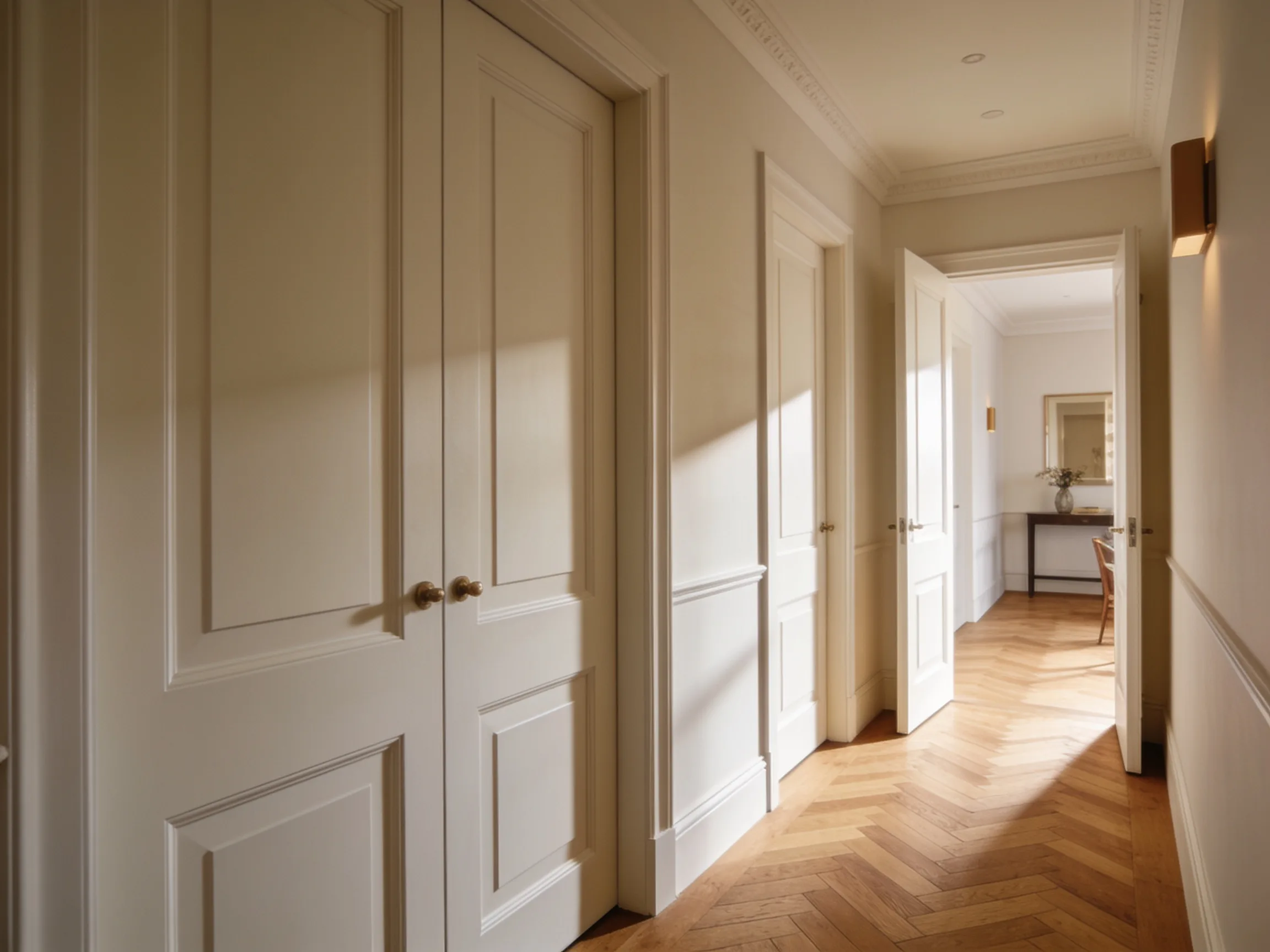 London boutique residence entrance with an oversized pivot door in dark veneer
