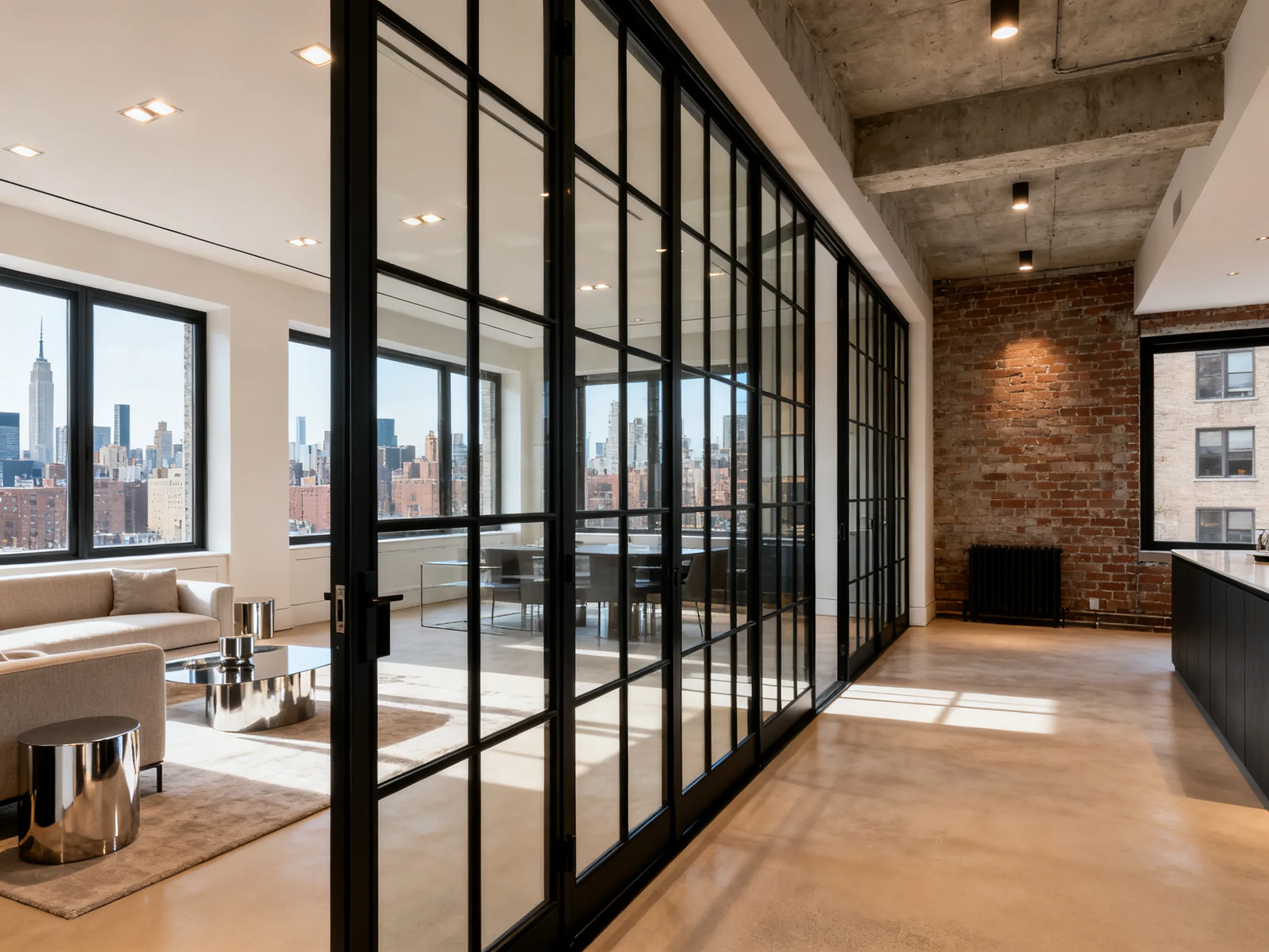 New York brownstone study with a hidden door merging into painted wall paneling