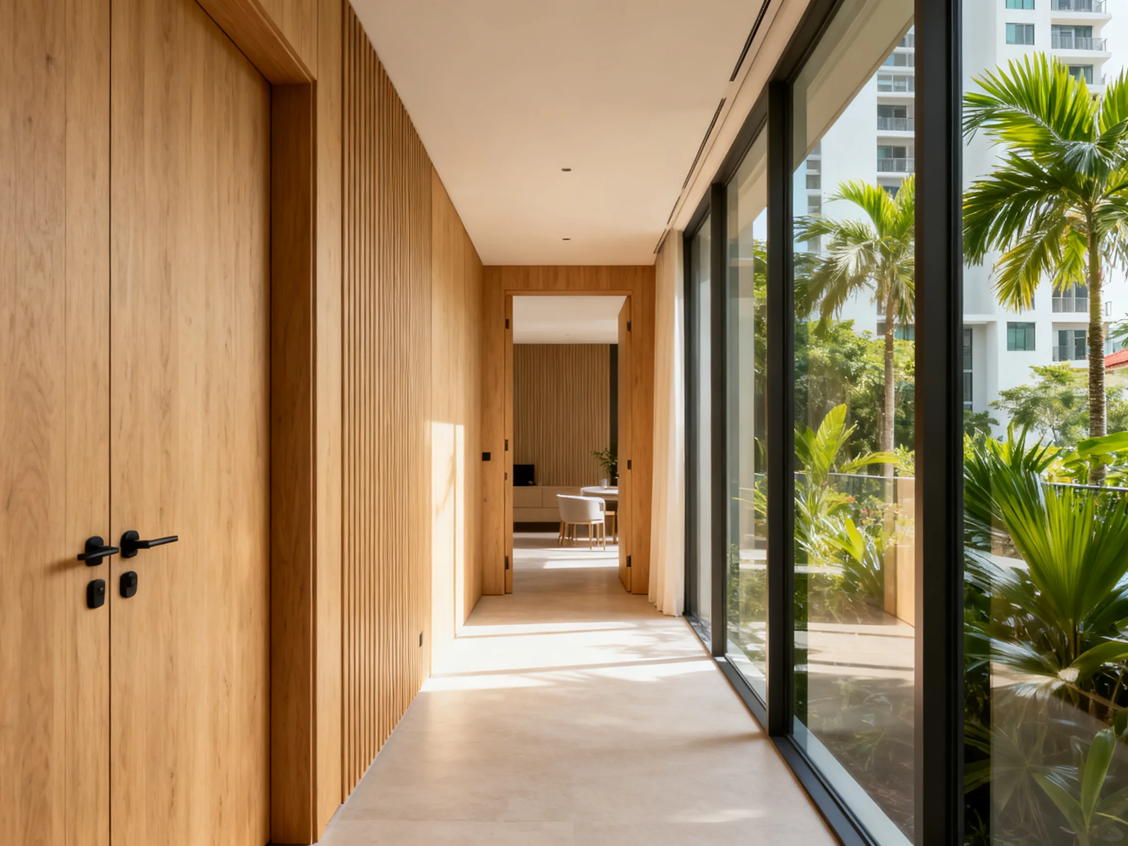 Singapore penthouse interior with slim-framed glass doors dividing living and study areas