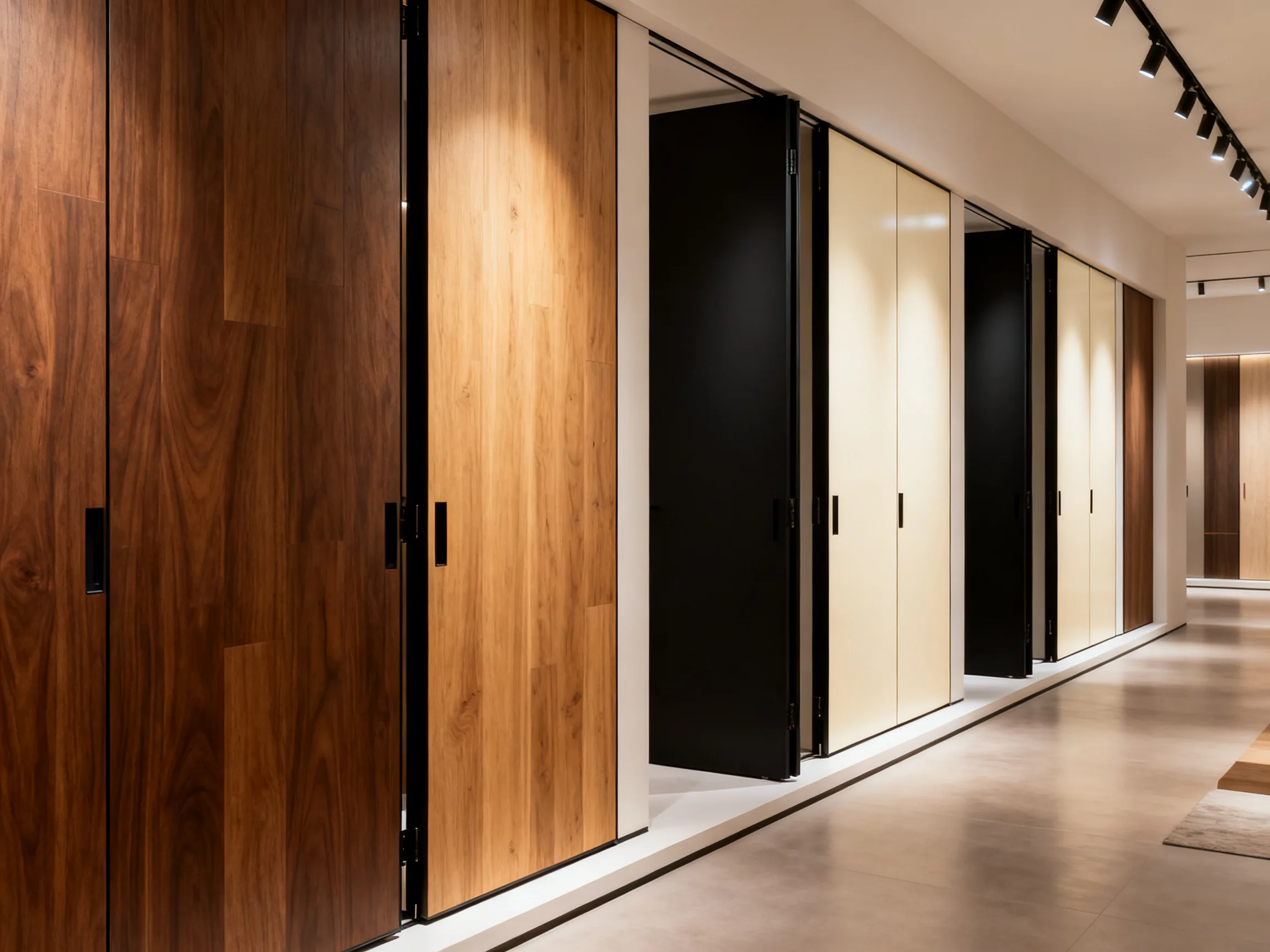 Pivot door finish library showing natural oak veneer, walnut veneer, matte lacquer panels, and metal trim profiles