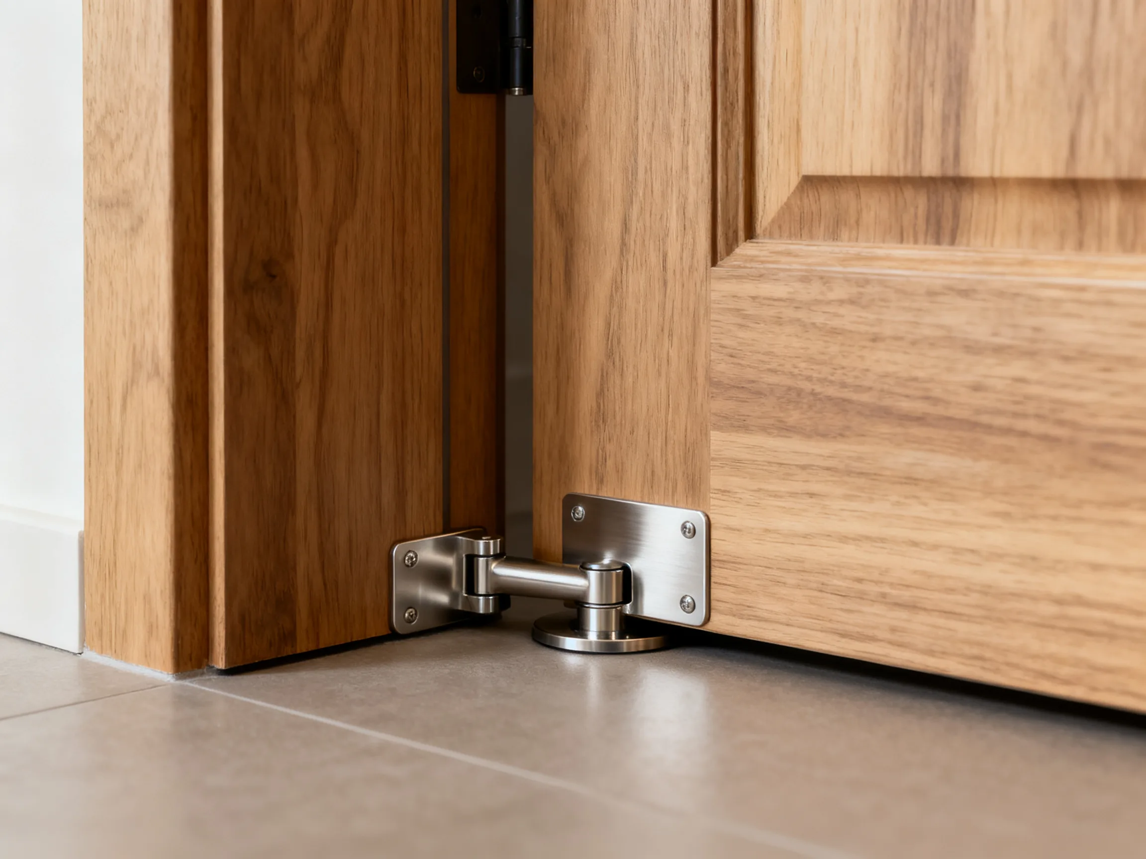 Concealed floor-spring pivot hardware detail recessed into the base of an oversized walnut door panel